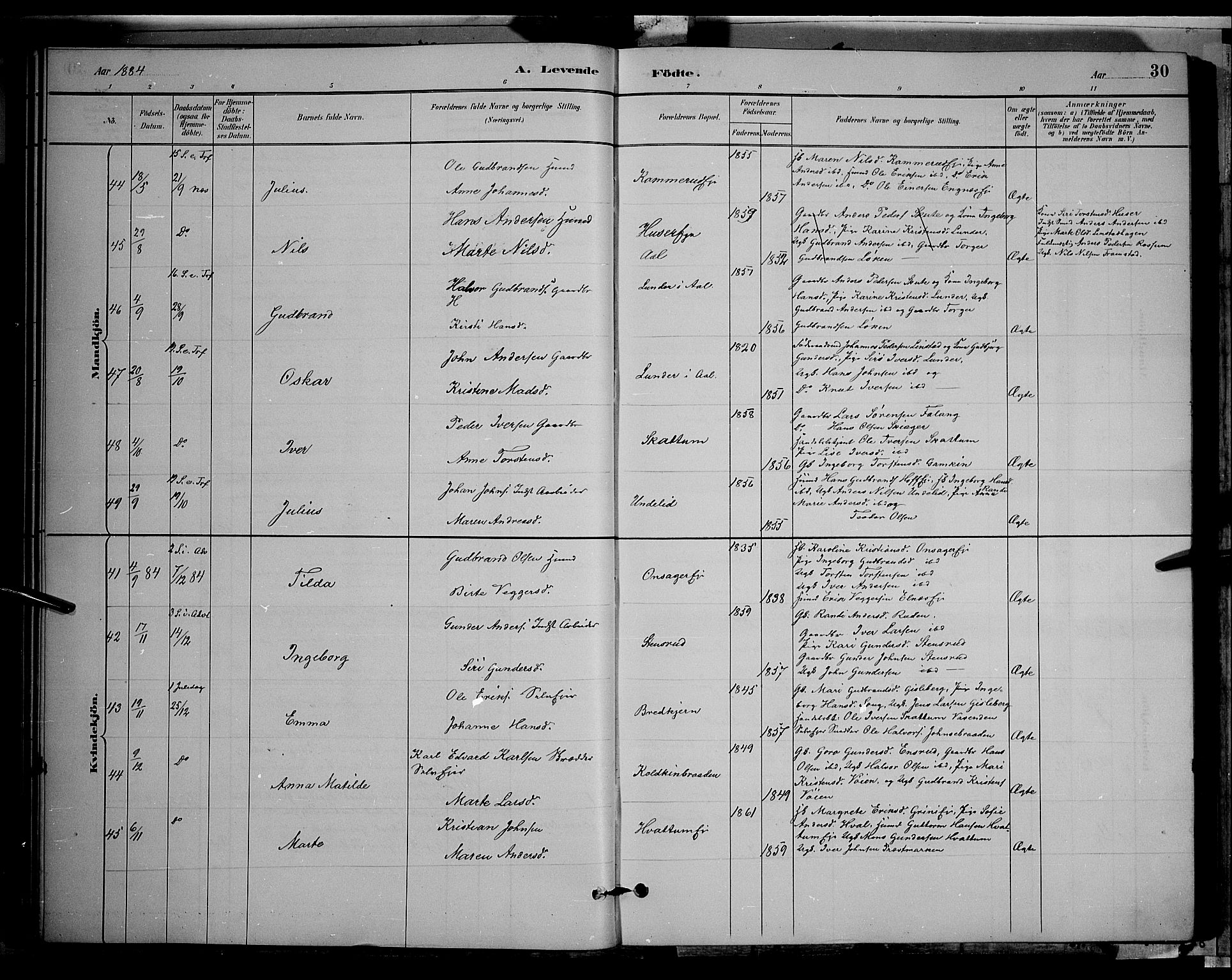 Gran prestekontor, SAH/PREST-112/H/Ha/Hab/L0002: Parish register (copy) no. 2, 1879-1892, p. 30