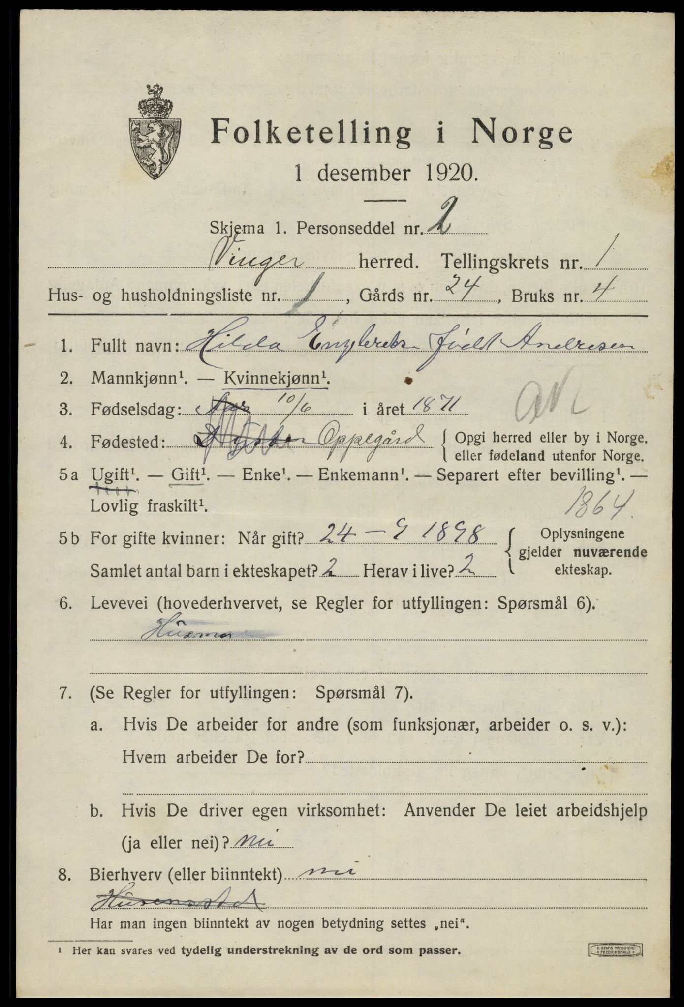 SAH, 1920 census for Vinger, 1920, p. 1840