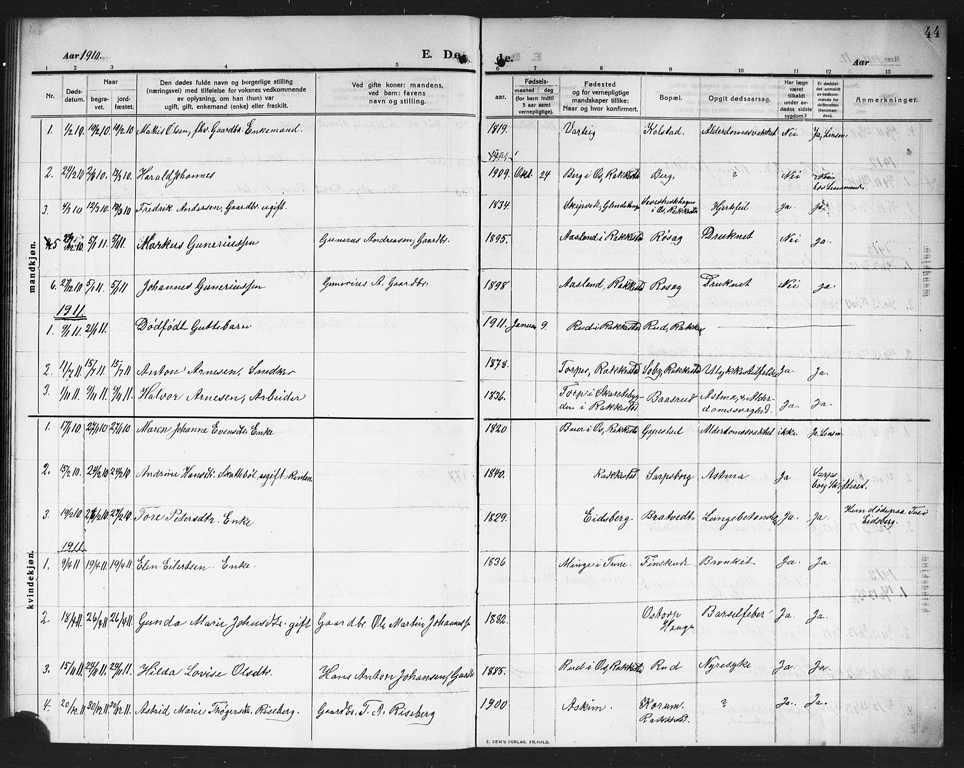 Rakkestad prestekontor Kirkebøker, AV/SAO-A-2008/G/Gc/L0002: Parish register (copy) no. III 2, 1909-1920, p. 44