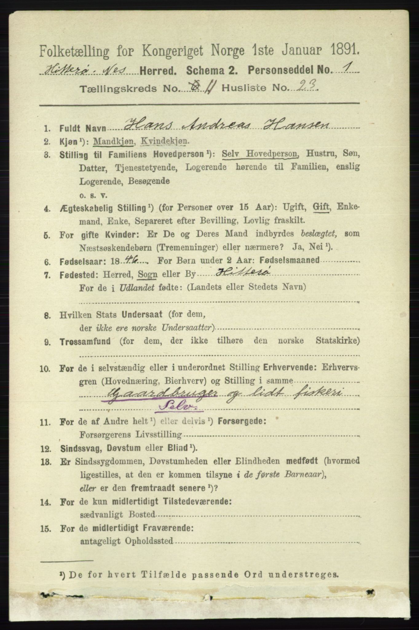 RA, 1891 census for 1043 Hidra og Nes, 1891, p. 4600