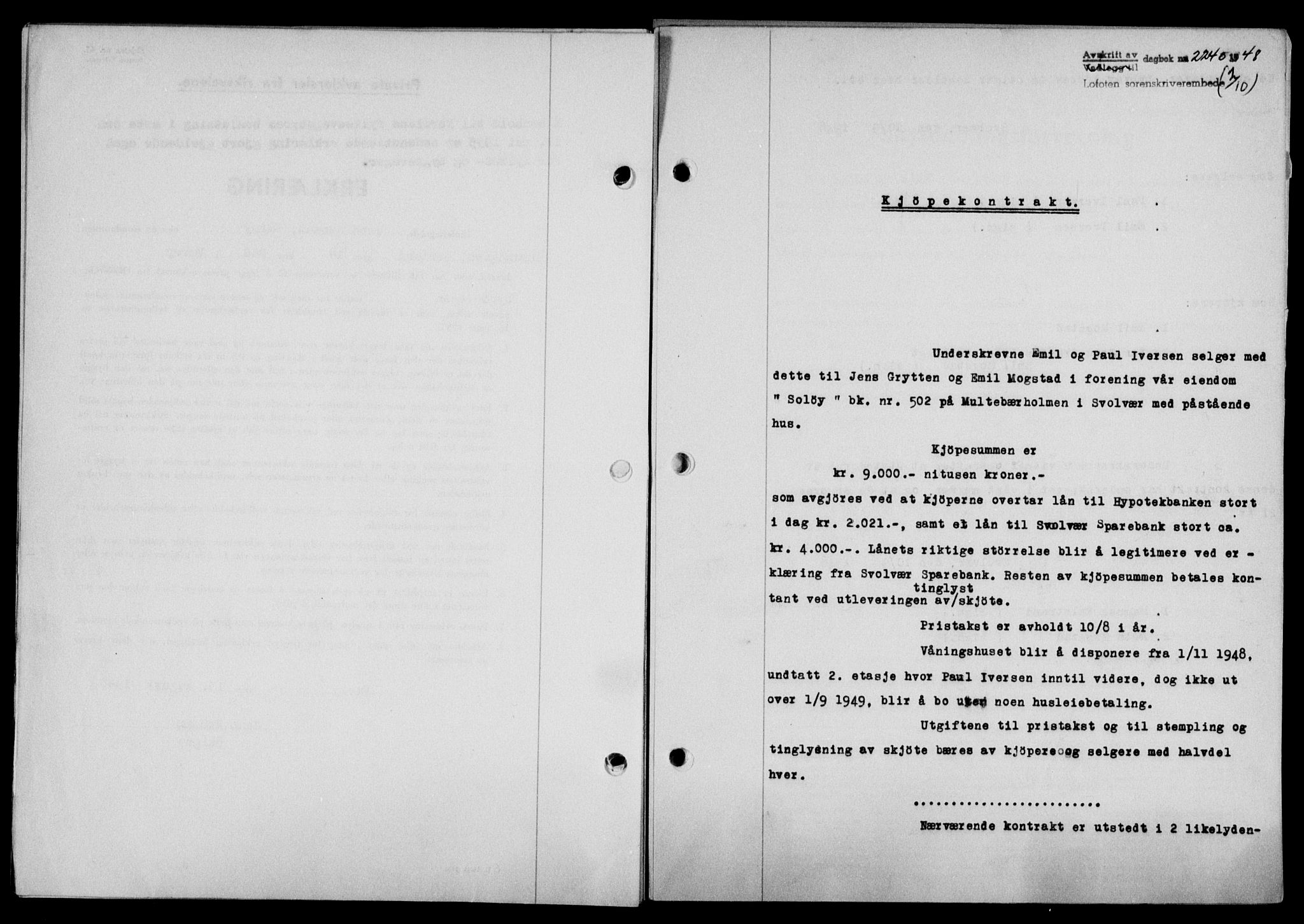 Lofoten sorenskriveri, SAT/A-0017/1/2/2C/L0019a: Mortgage book no. 19a, 1948-1948, Diary no: : 2245/1948