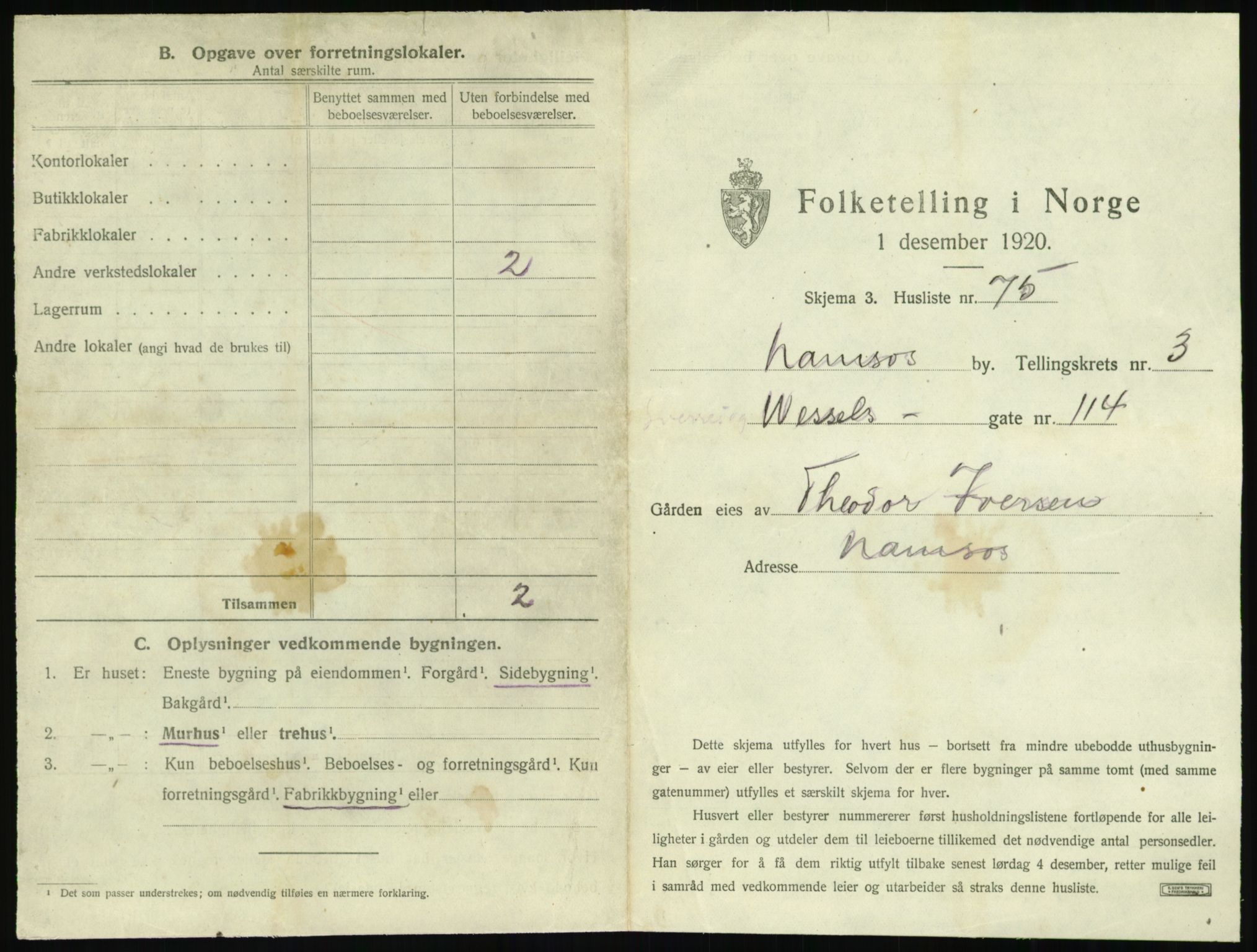 SAT, 1920 census for Namsos, 1920, p. 411