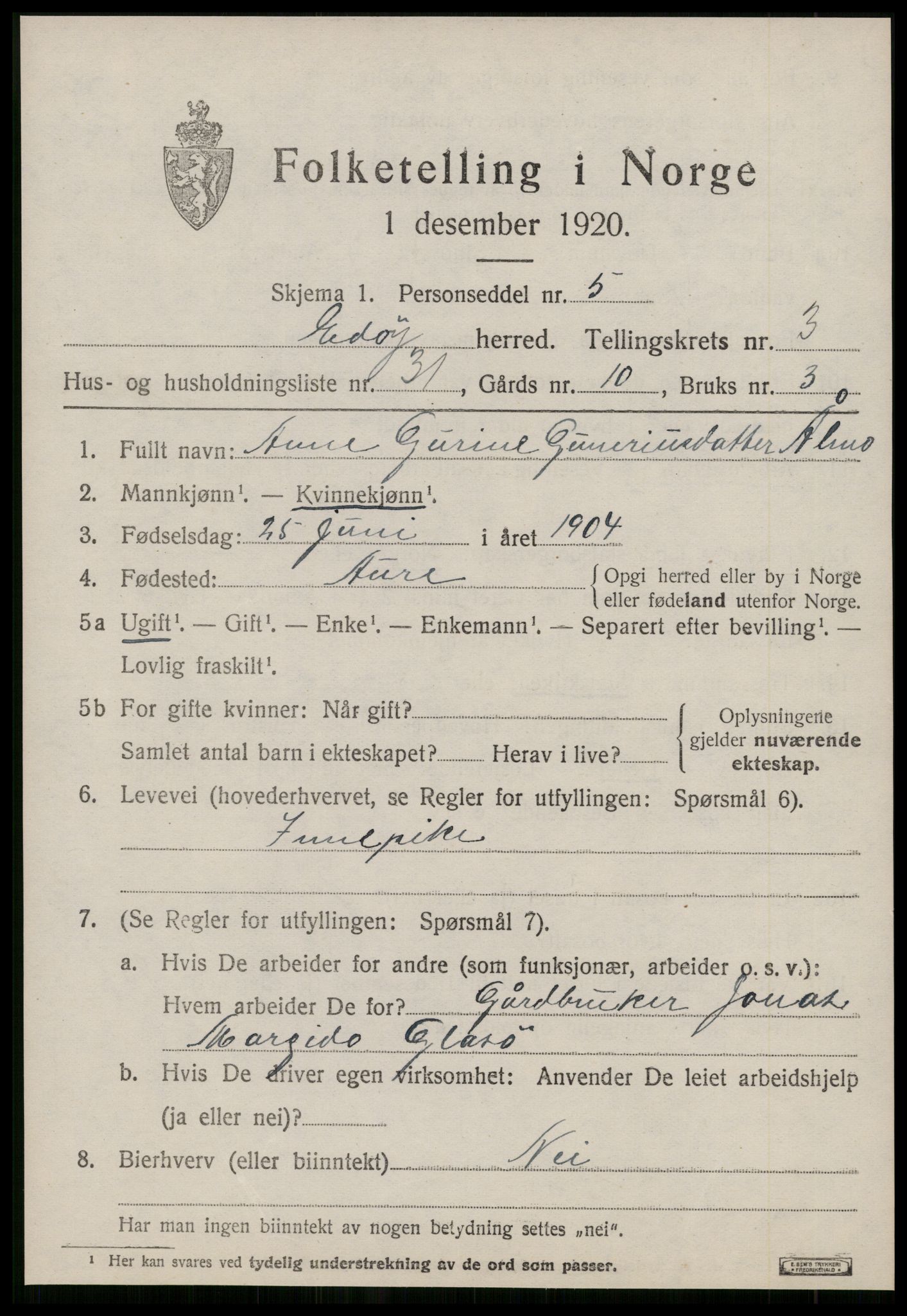 SAT, 1920 census for Edøy, 1920, p. 1304