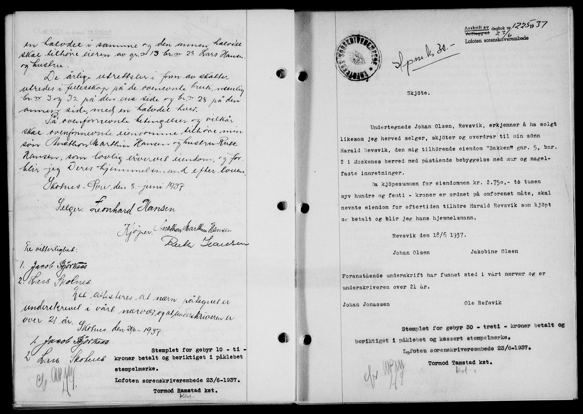 Lofoten sorenskriveri, SAT/A-0017/1/2/2C/L0002a: Mortgage book no. 2a, 1937-1937, Diary no: : 1225/1937