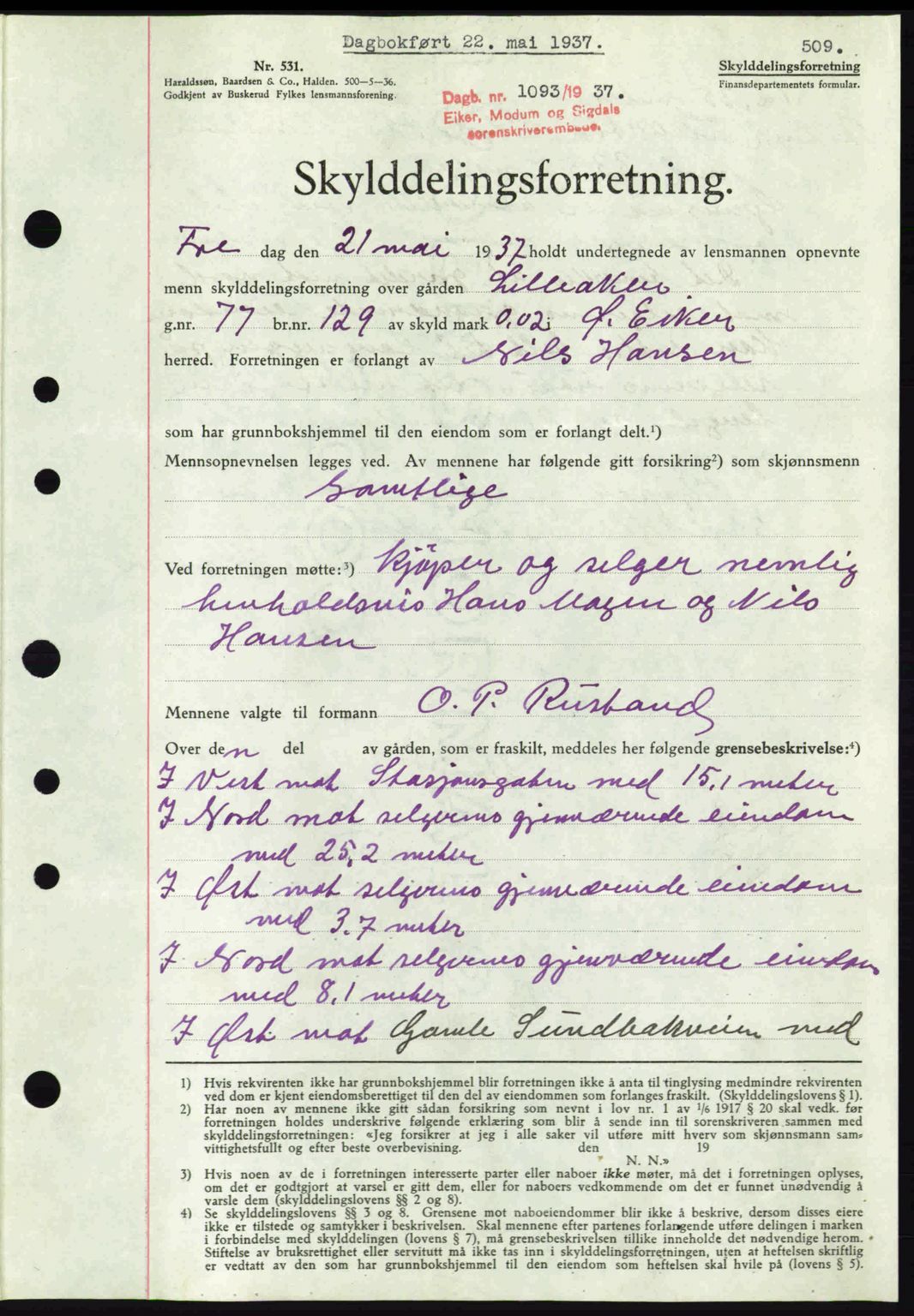 Eiker, Modum og Sigdal sorenskriveri, SAKO/A-123/G/Ga/Gab/L0035: Mortgage book no. A5, 1937-1937, Diary no: : 1093/1937