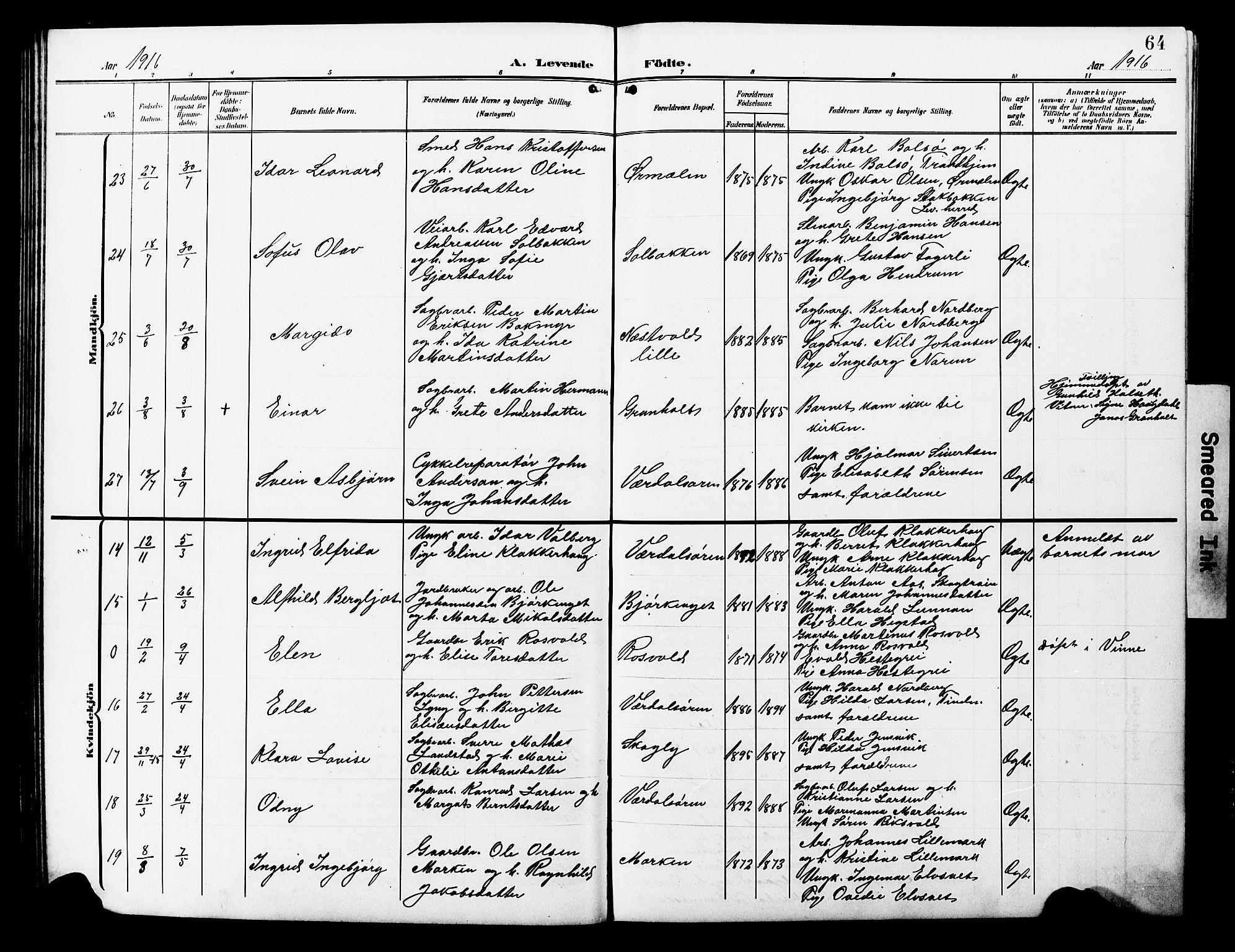 Ministerialprotokoller, klokkerbøker og fødselsregistre - Nord-Trøndelag, SAT/A-1458/723/L0258: Parish register (copy) no. 723C06, 1908-1927, p. 64