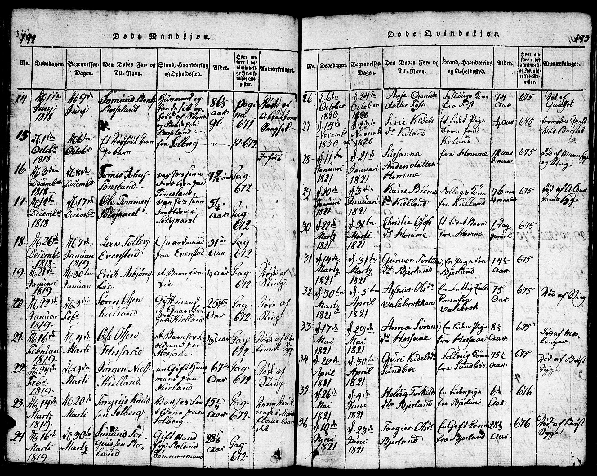 Bjelland sokneprestkontor, SAK/1111-0005/F/Fb/Fba/L0003: Parish register (copy) no. B 3, 1816-1870, p. 192-193