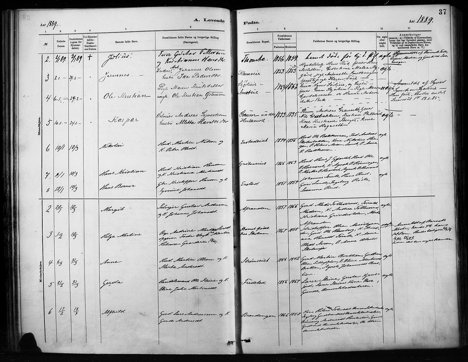 Nordre Land prestekontor, SAH/PREST-124/H/Ha/Haa/L0004: Parish register (official) no. 4, 1882-1896, p. 37