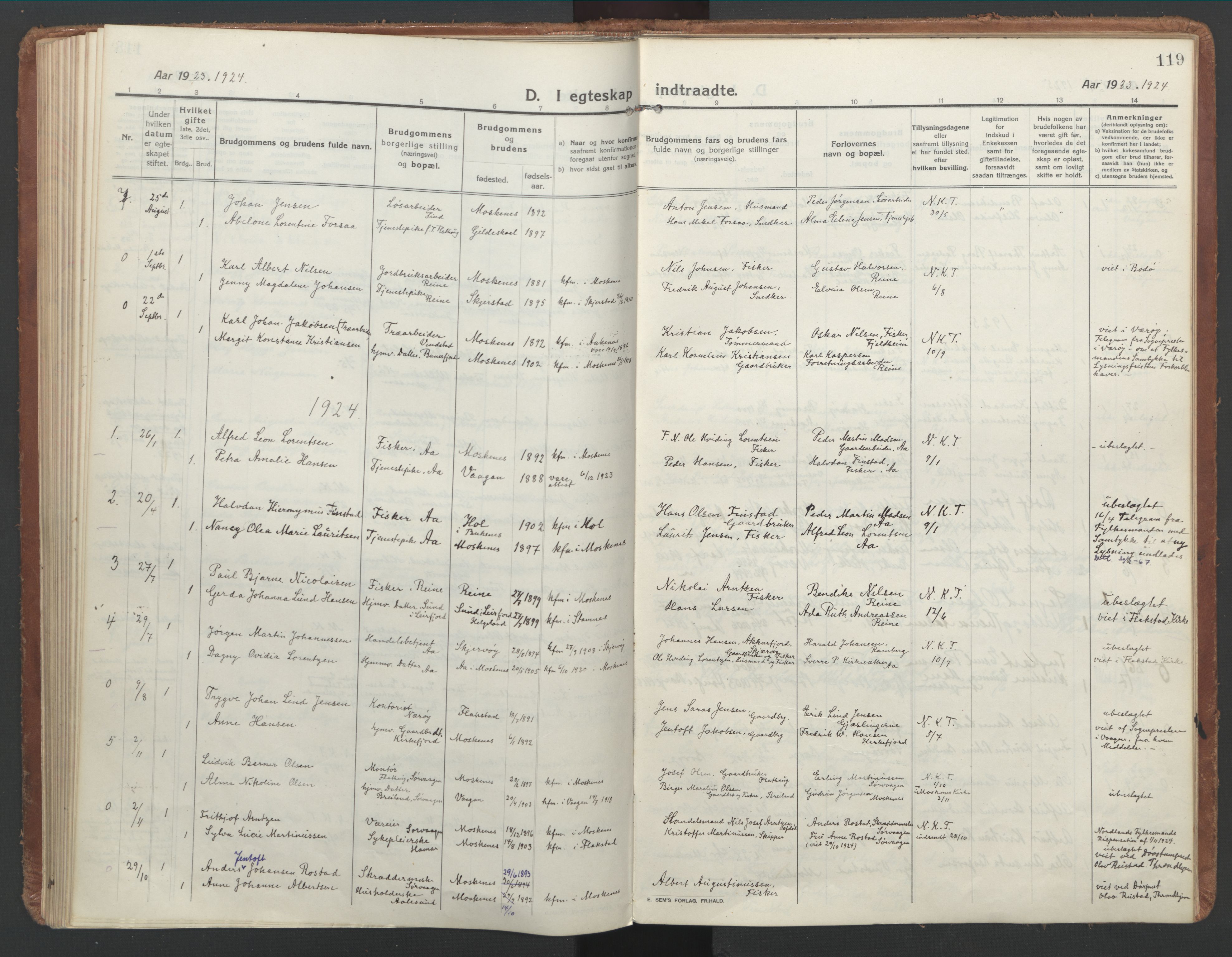 Ministerialprotokoller, klokkerbøker og fødselsregistre - Nordland, SAT/A-1459/886/L1222: Parish register (official) no. 886A04, 1914-1926, p. 119