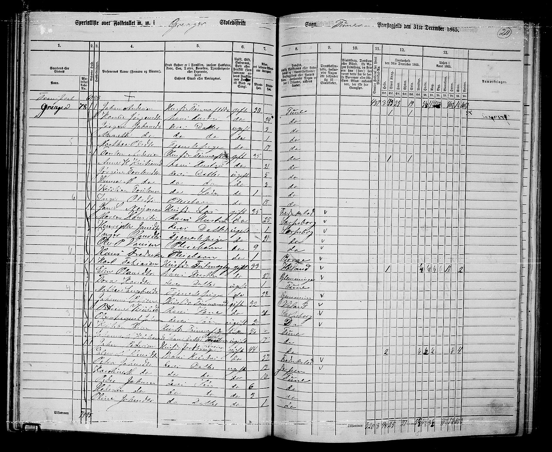 RA, 1865 census for Tune, 1865, p. 198