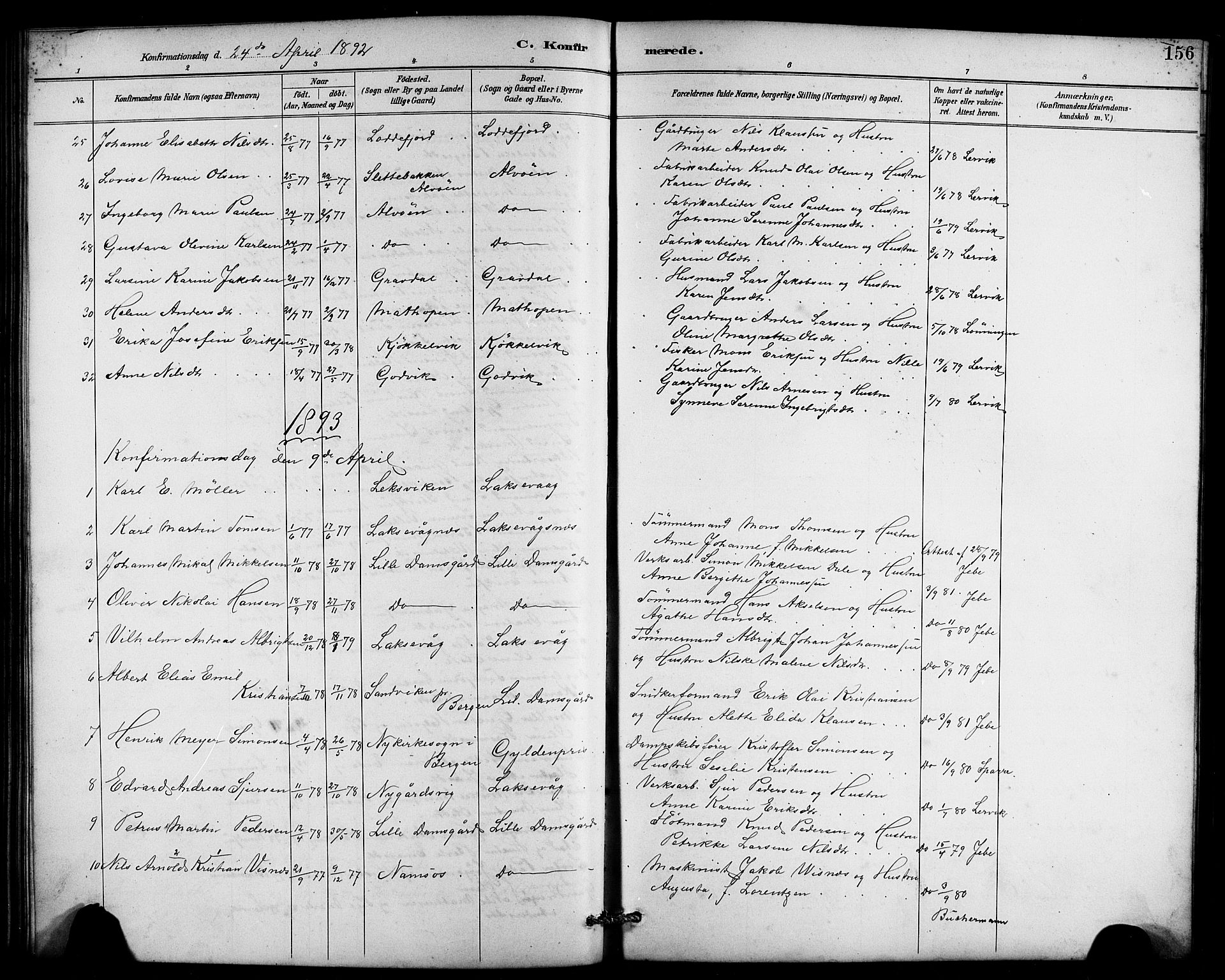 Laksevåg Sokneprestembete, SAB/A-76501/H/Ha/Hab/Haba/L0003: Parish register (copy) no. A 3, 1887-1899, p. 156