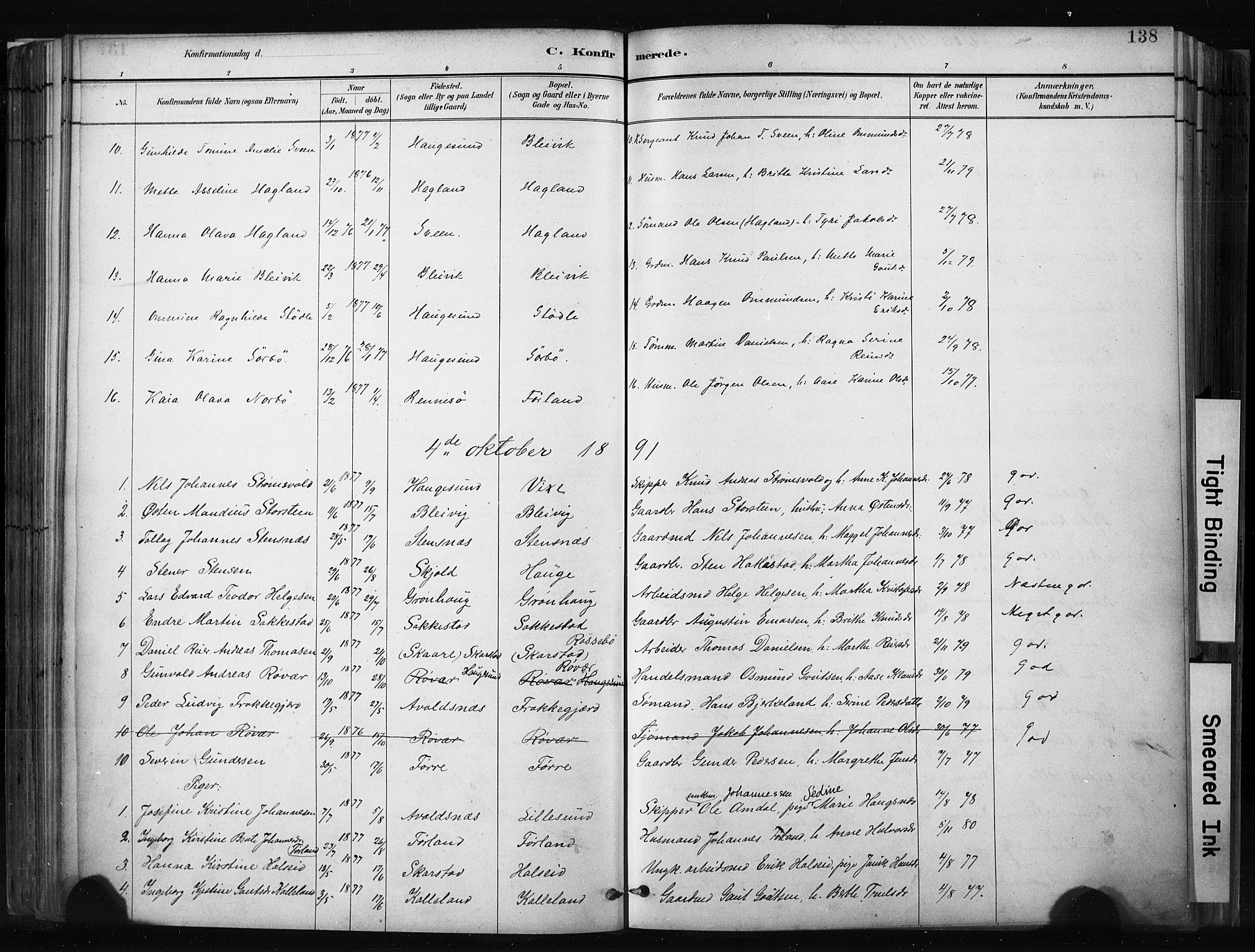 Haugesund sokneprestkontor, AV/SAST-A -101863/H/Ha/Haa/L0004: Parish register (official) no. A 4, 1886-1908, p. 138