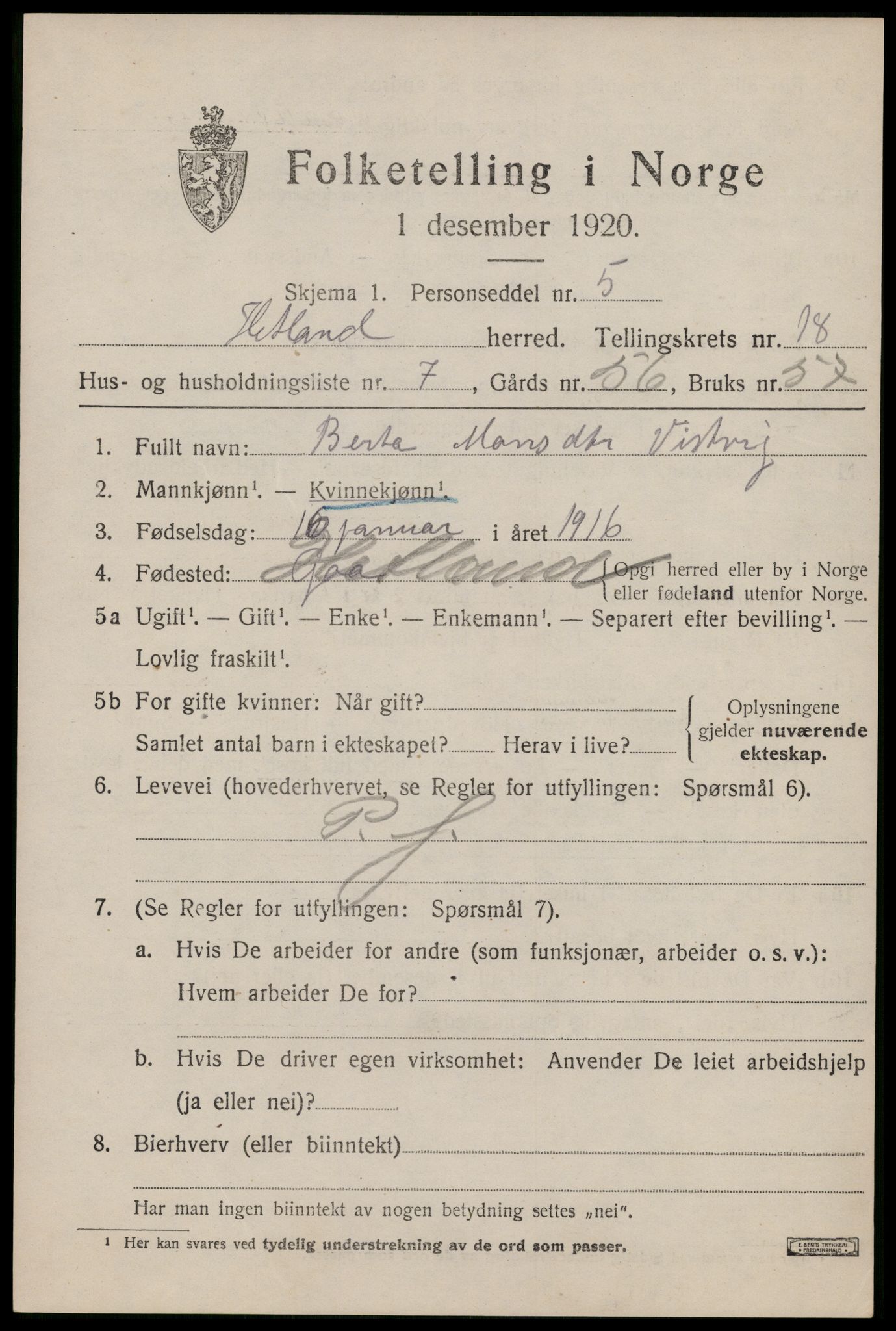 SAST, 1920 census for Hetland, 1920, p. 25149