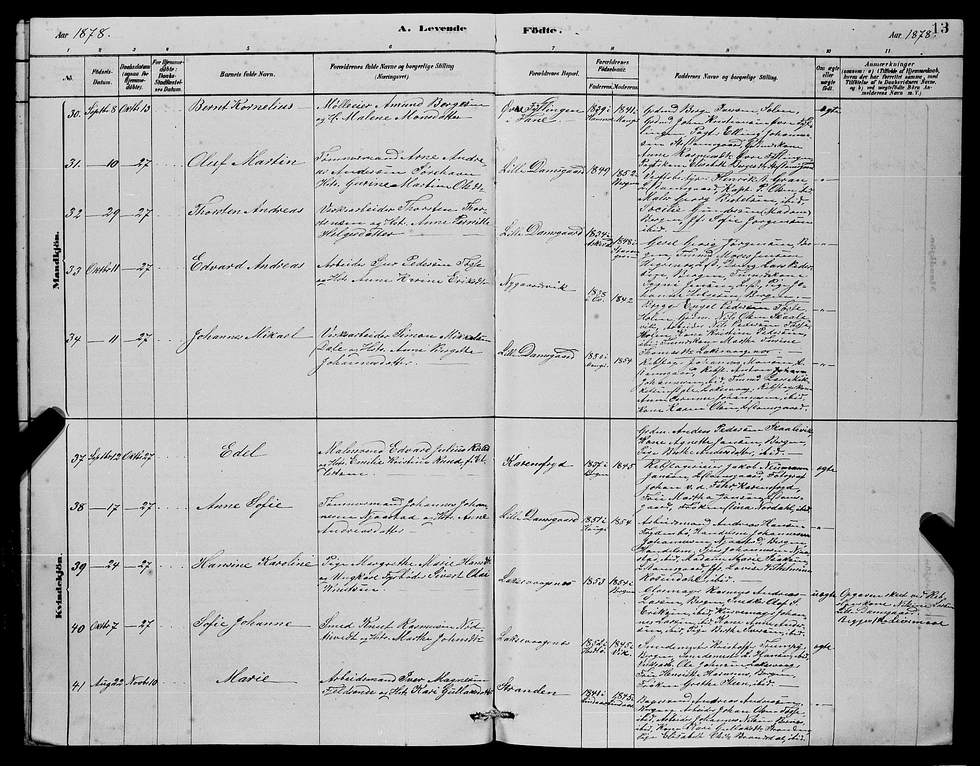 Laksevåg Sokneprestembete, SAB/A-76501/H/Ha/Hab/Haba/L0002: Parish register (copy) no. A 2, 1877-1887, p. 13