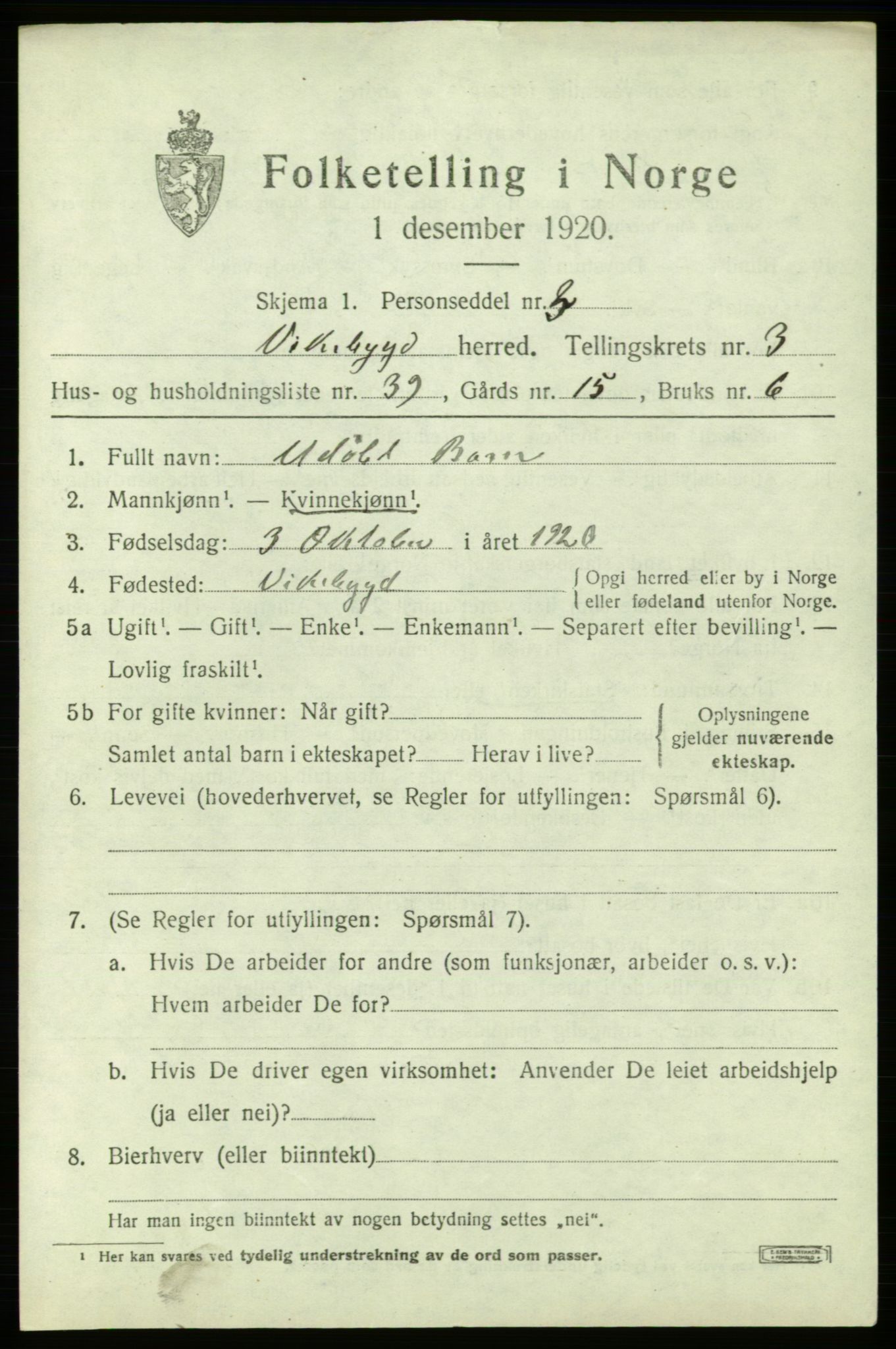 SAB, 1920 census for Vikebygd, 1920, p. 1547