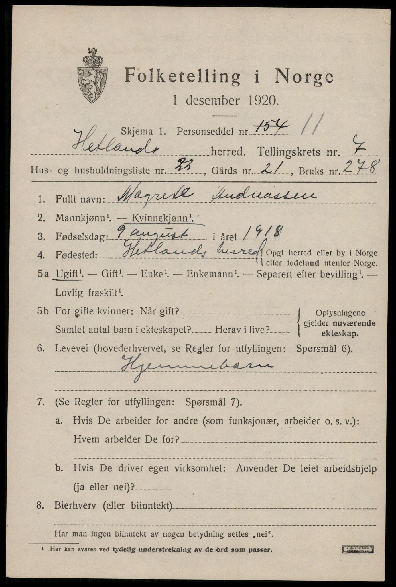 SAST, 1920 census for Hetland, 1920, p. 14193