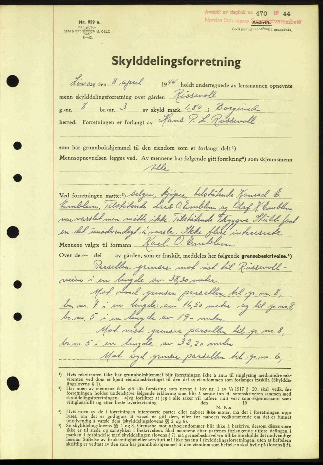 Nordre Sunnmøre sorenskriveri, AV/SAT-A-0006/1/2/2C/2Ca: Mortgage book no. A17, 1943-1944, Diary no: : 470/1944