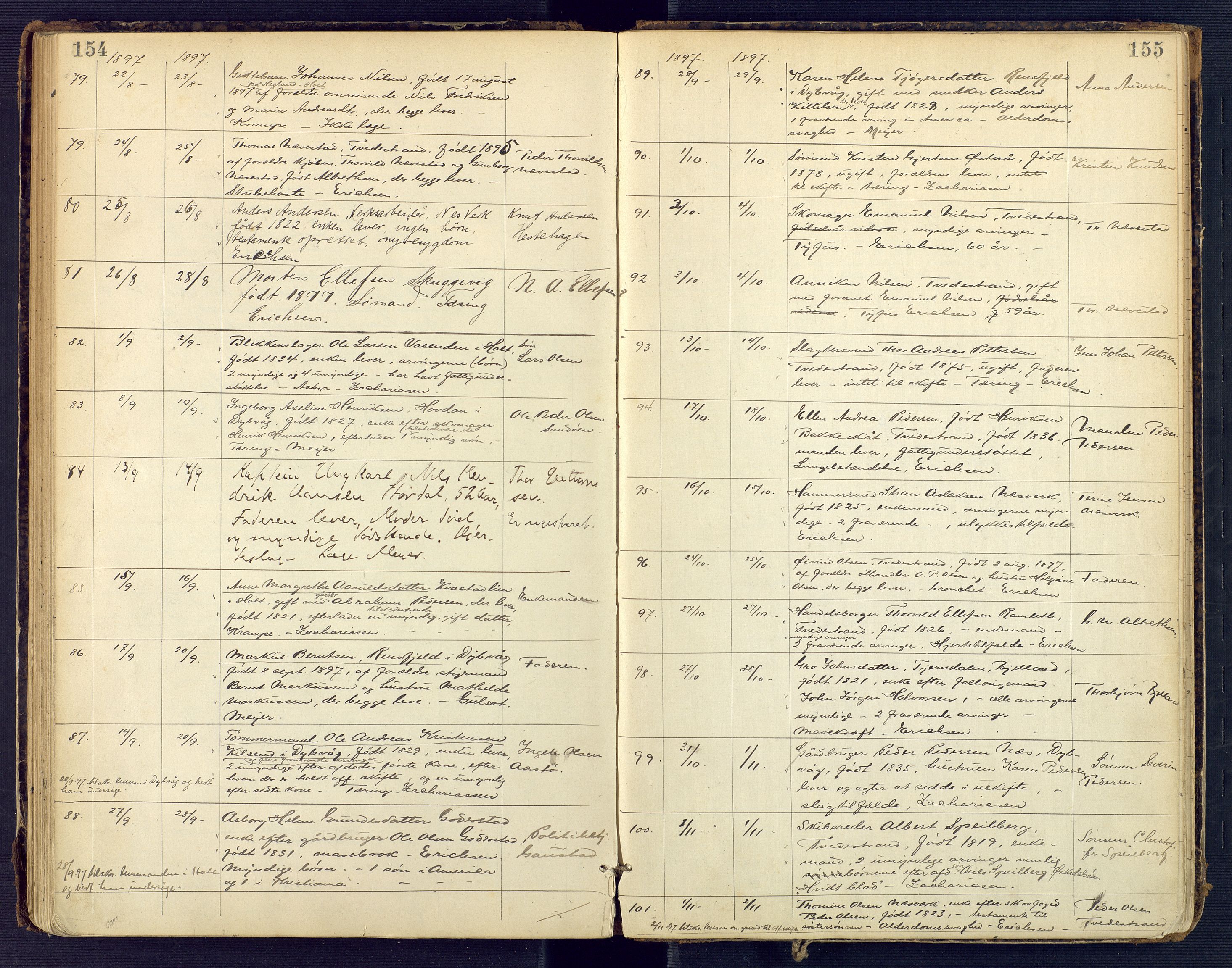 Holt sorenskriveri, AV/SAK-1221-0002/H/Ha/L0002: Dødsfallsprotokoll nr. 3, 1882-1902, p. 154-155