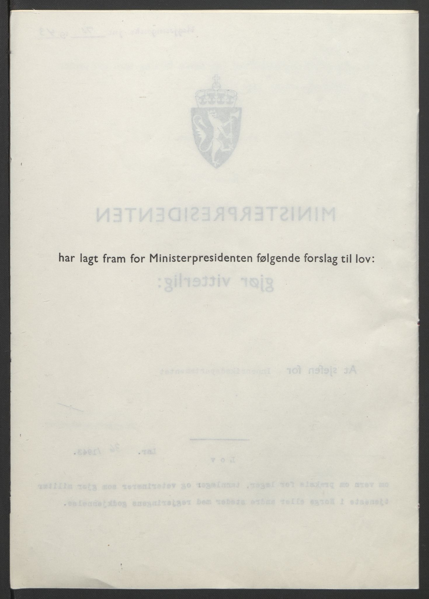 NS-administrasjonen 1940-1945 (Statsrådsekretariatet, de kommisariske statsråder mm), AV/RA-S-4279/D/Db/L0099: Lover, 1943, p. 154