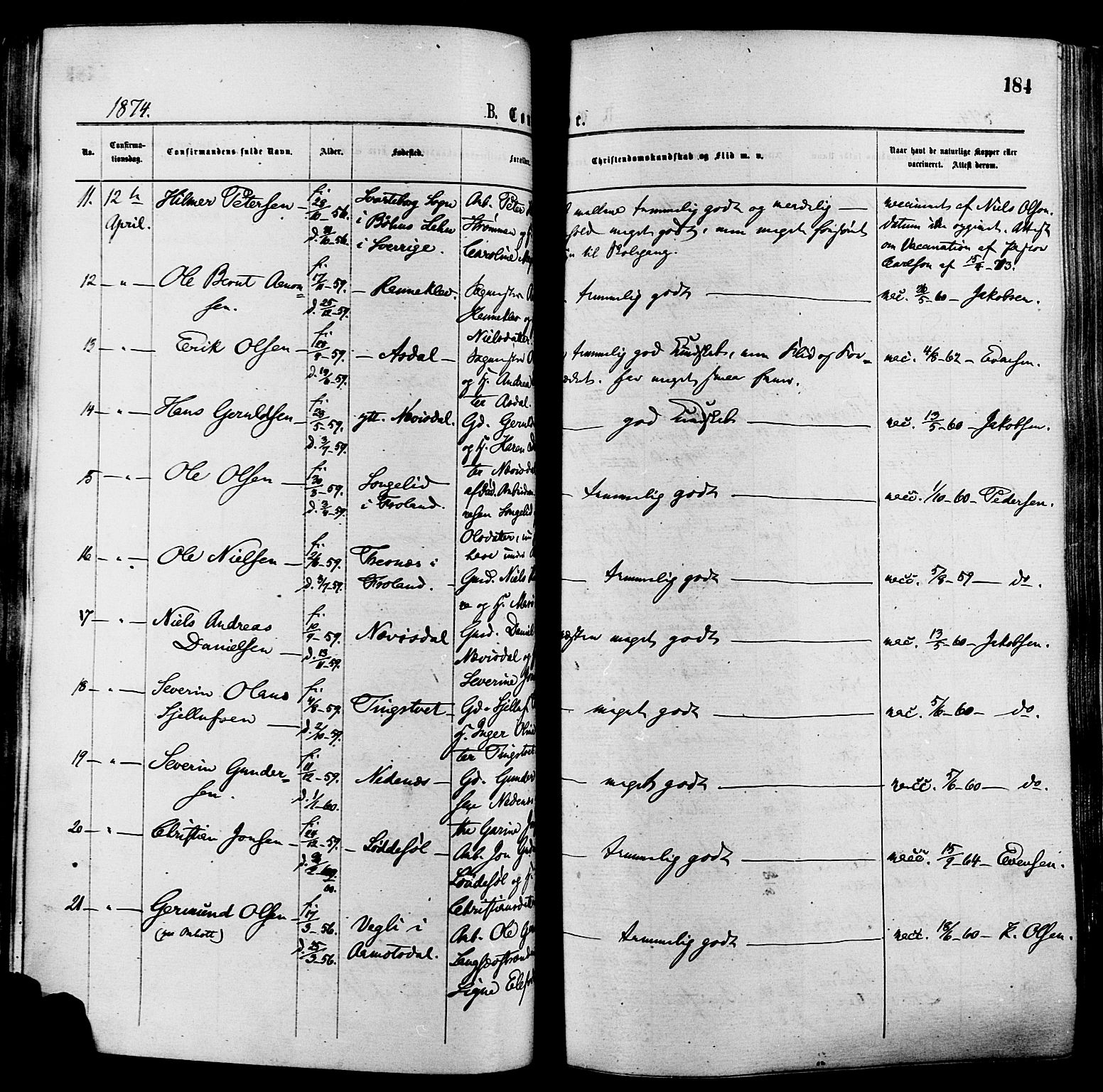 Øyestad sokneprestkontor, AV/SAK-1111-0049/F/Fa/L0016: Parish register (official) no. A 16, 1874-1886, p. 184