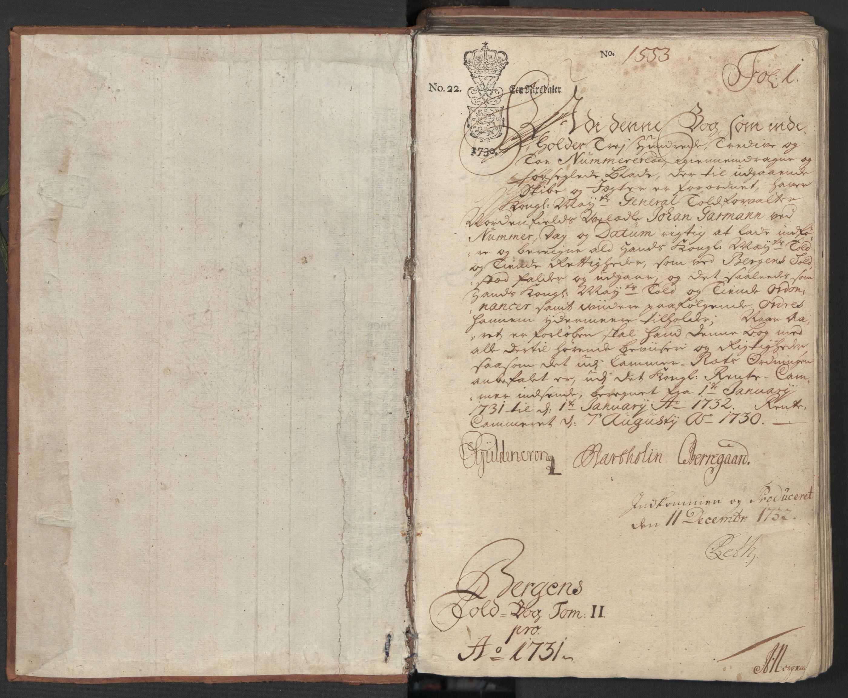 Generaltollkammeret, tollregnskaper, AV/RA-EA-5490/R26/L0017/0001: Tollregnskaper Bergen A / Utgående hovedtollbok, 1731, p. 1a