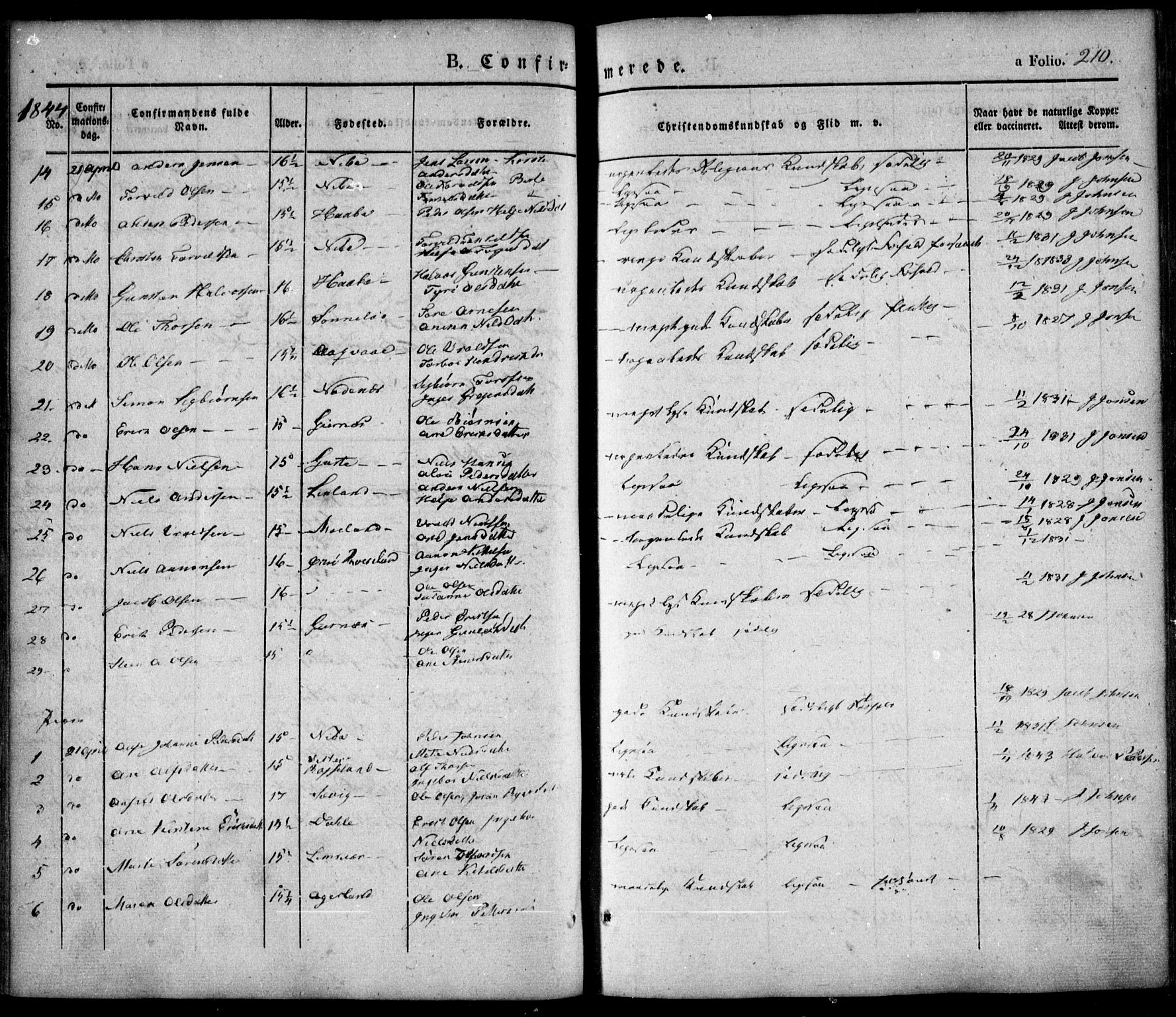 Søndeled sokneprestkontor, SAK/1111-0038/F/Fa/L0002: Parish register (official) no. A 2, 1839-1860, p. 210