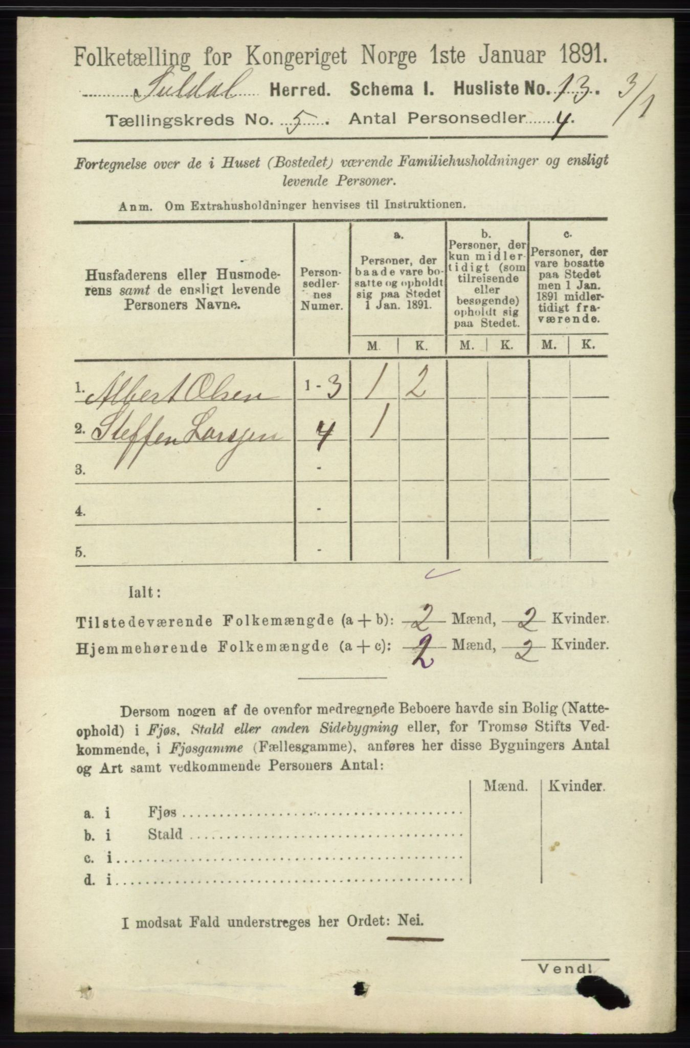 RA, 1891 census for 1134 Suldal, 1891, p. 1456