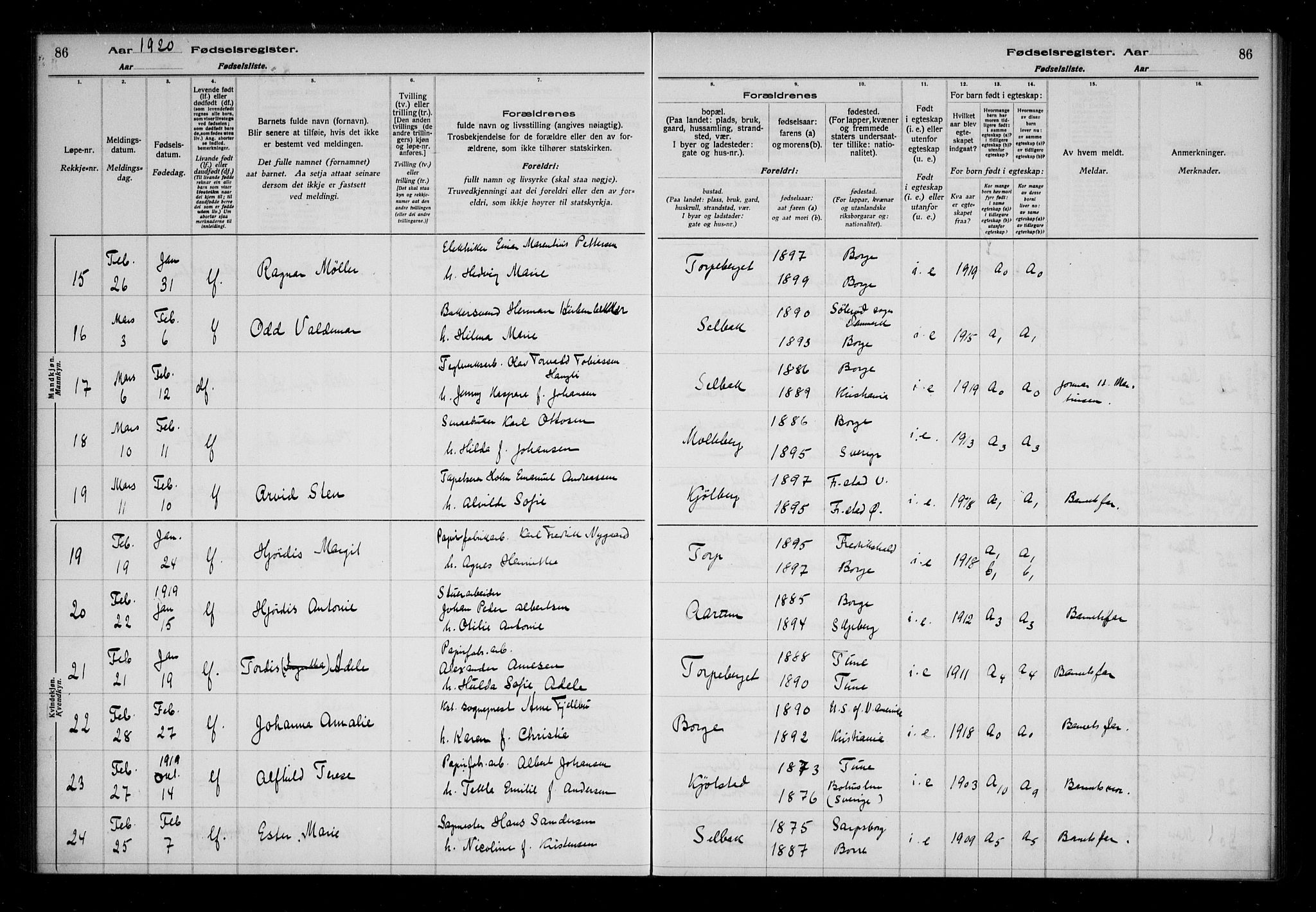 Borge prestekontor Kirkebøker, AV/SAO-A-10903/J/Ja/L0001: Birth register no. I 1, 1916-1925, p. 86