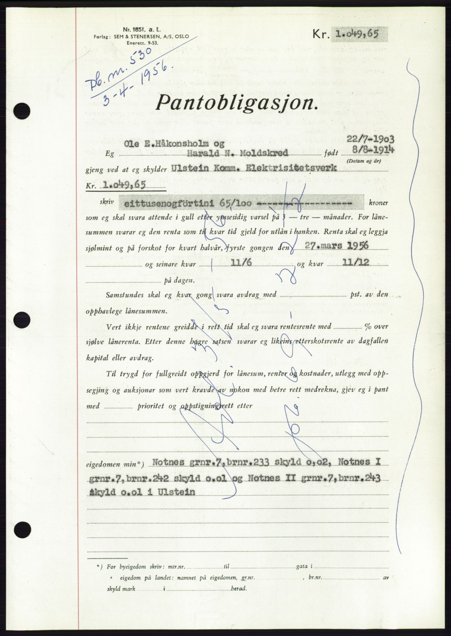 Søre Sunnmøre sorenskriveri, SAT/A-4122/1/2/2C/L0128: Mortgage book no. 16B, 1956-1956, Diary no: : 530/1956