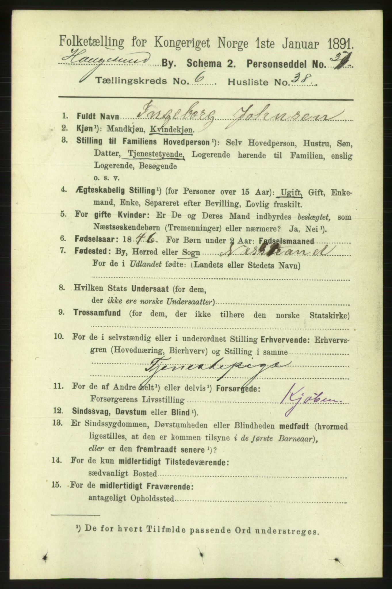 RA, 1891 census for 1106 Haugesund, 1891, p. 3033