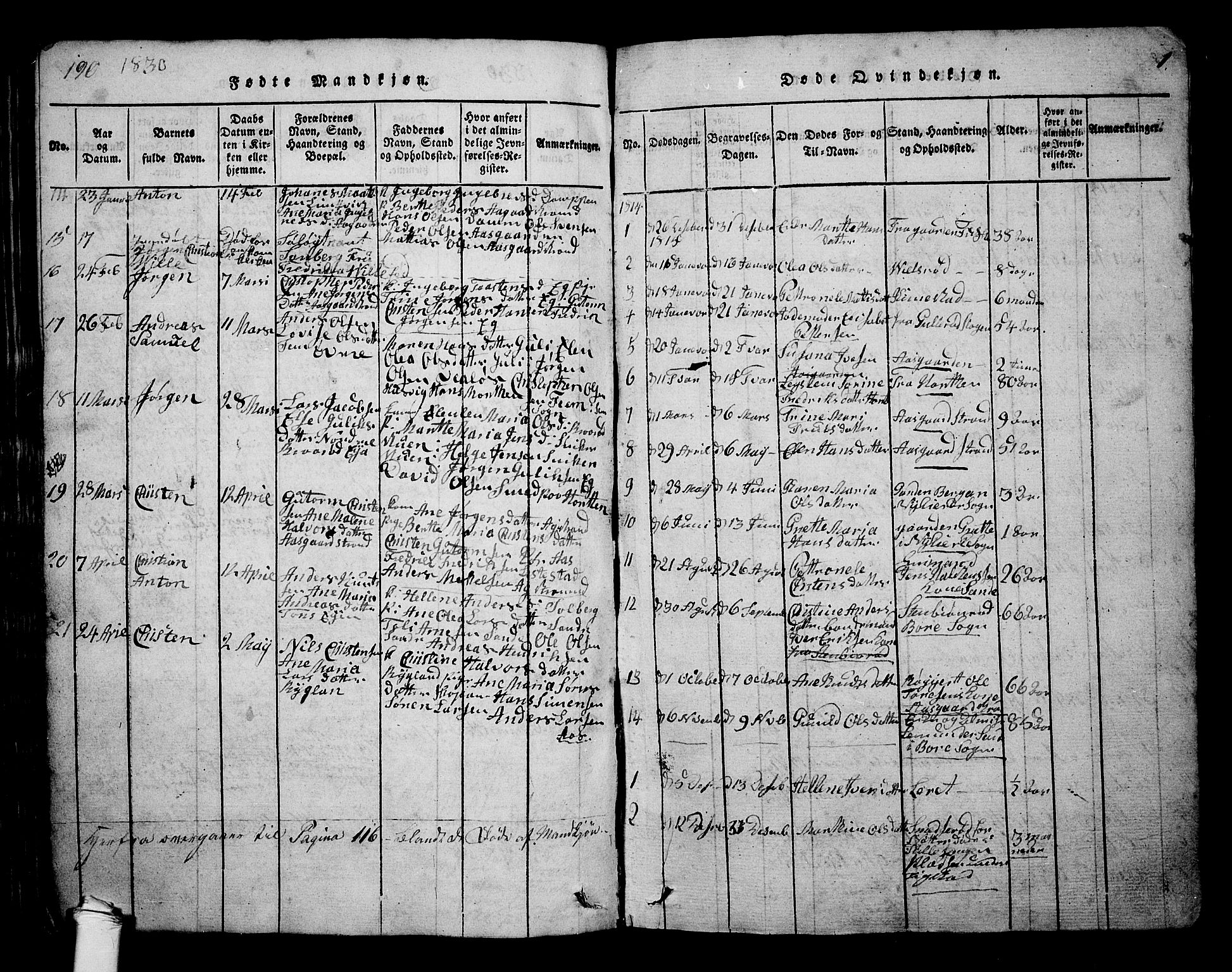 Borre kirkebøker, SAKO/A-338/G/Ga/L0001: Parish register (copy) no. I 1, 1815-1851, p. 190-191