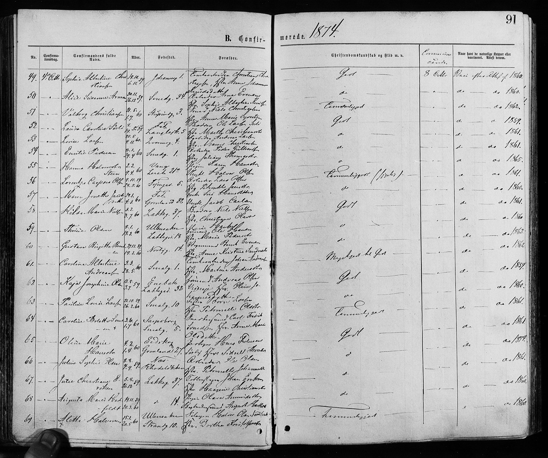 Grønland prestekontor Kirkebøker, AV/SAO-A-10848/F/Fa/L0005: Parish register (official) no. 5, 1869-1880, p. 91