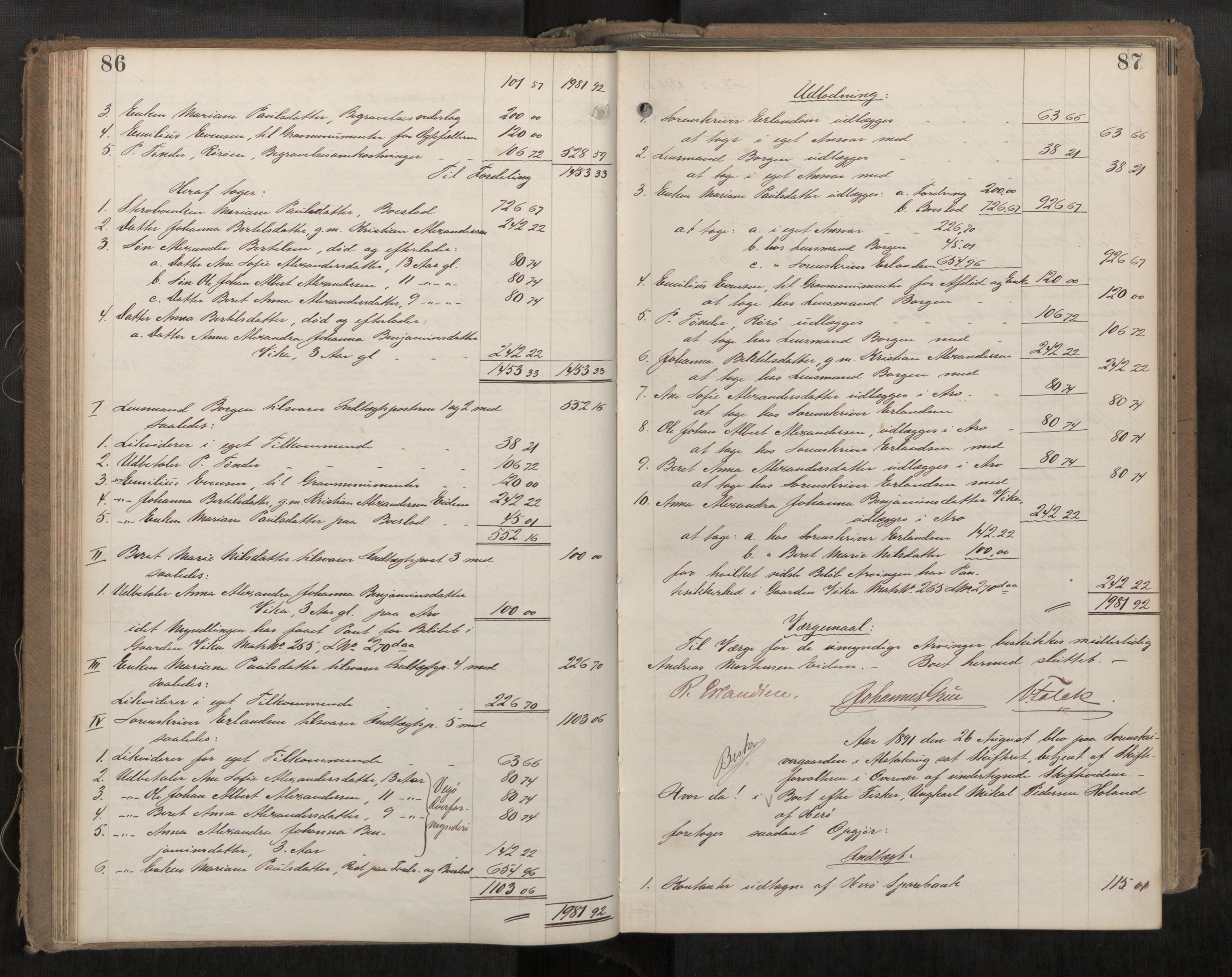 Søndre Helgeland sorenskriveri, AV/SAT-A-4575/1/3/3A/L0005: Skifteutlodningsprot., 1891-1896, p. 86-87