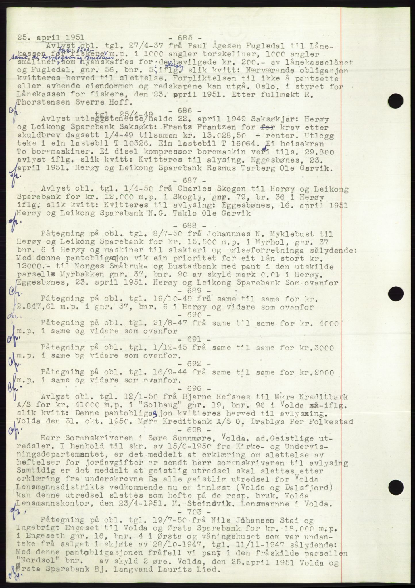 Søre Sunnmøre sorenskriveri, AV/SAT-A-4122/1/2/2C/L0072: Mortgage book no. 66, 1941-1955, Diary no: : 685/1951