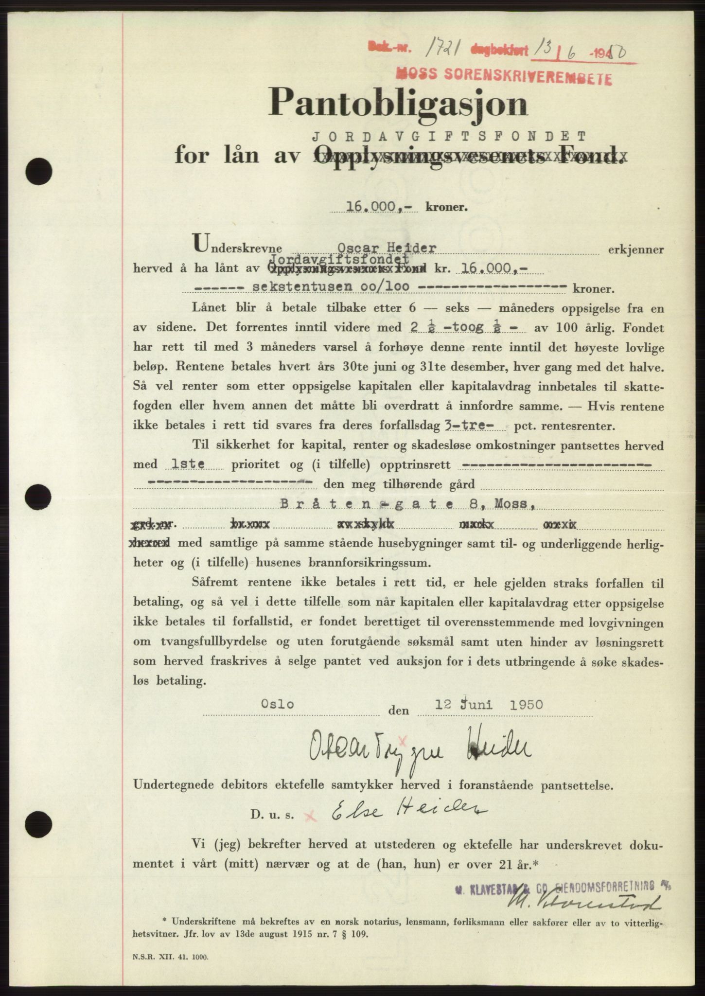 Moss sorenskriveri, AV/SAO-A-10168: Mortgage book no. B24, 1950-1950, Diary no: : 1721/1950