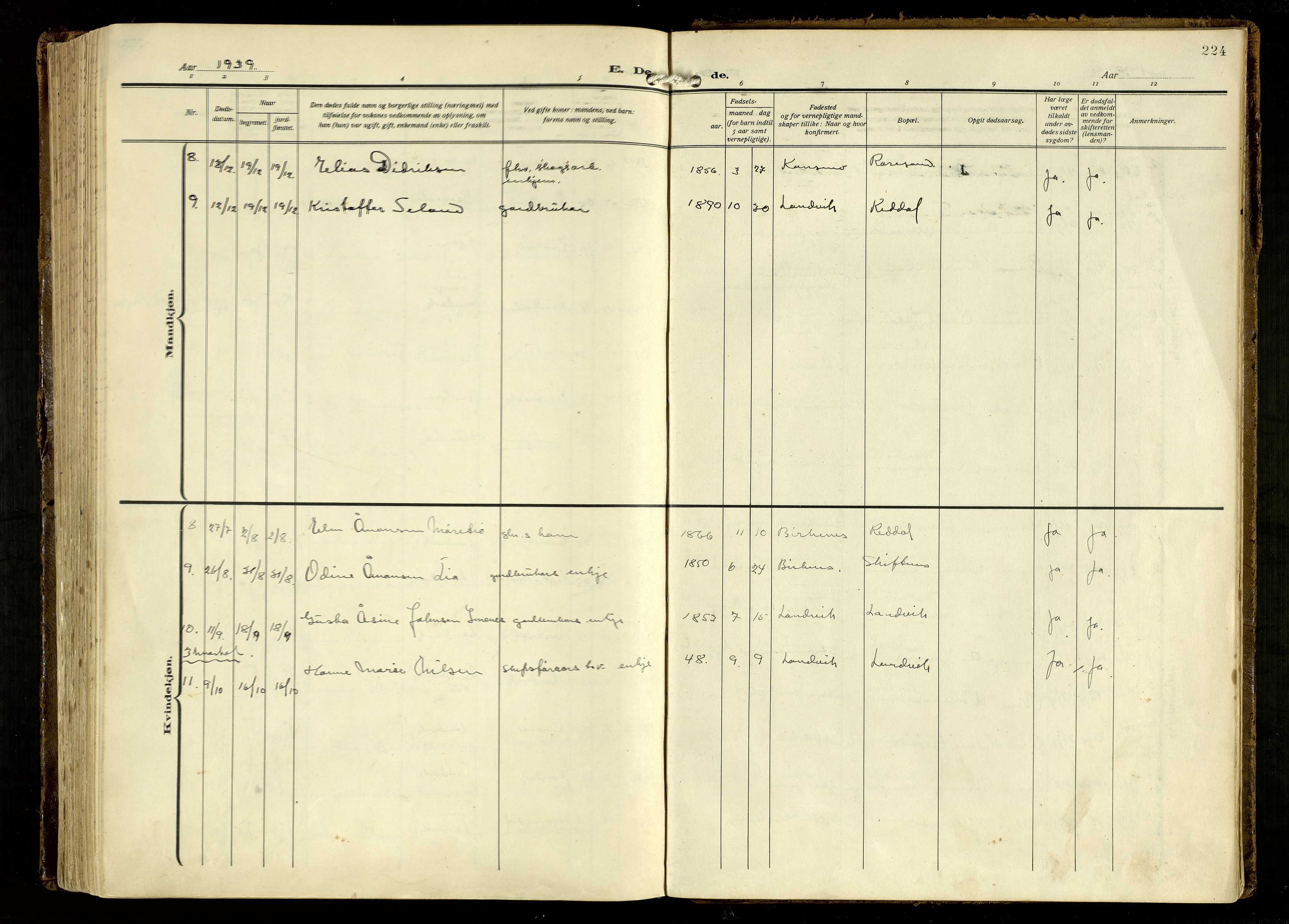 Hommedal sokneprestkontor, AV/SAK-1111-0023/F/Fa/Fab/L0008: Parish register (official) no. A 8, 1925-1956, p. 224