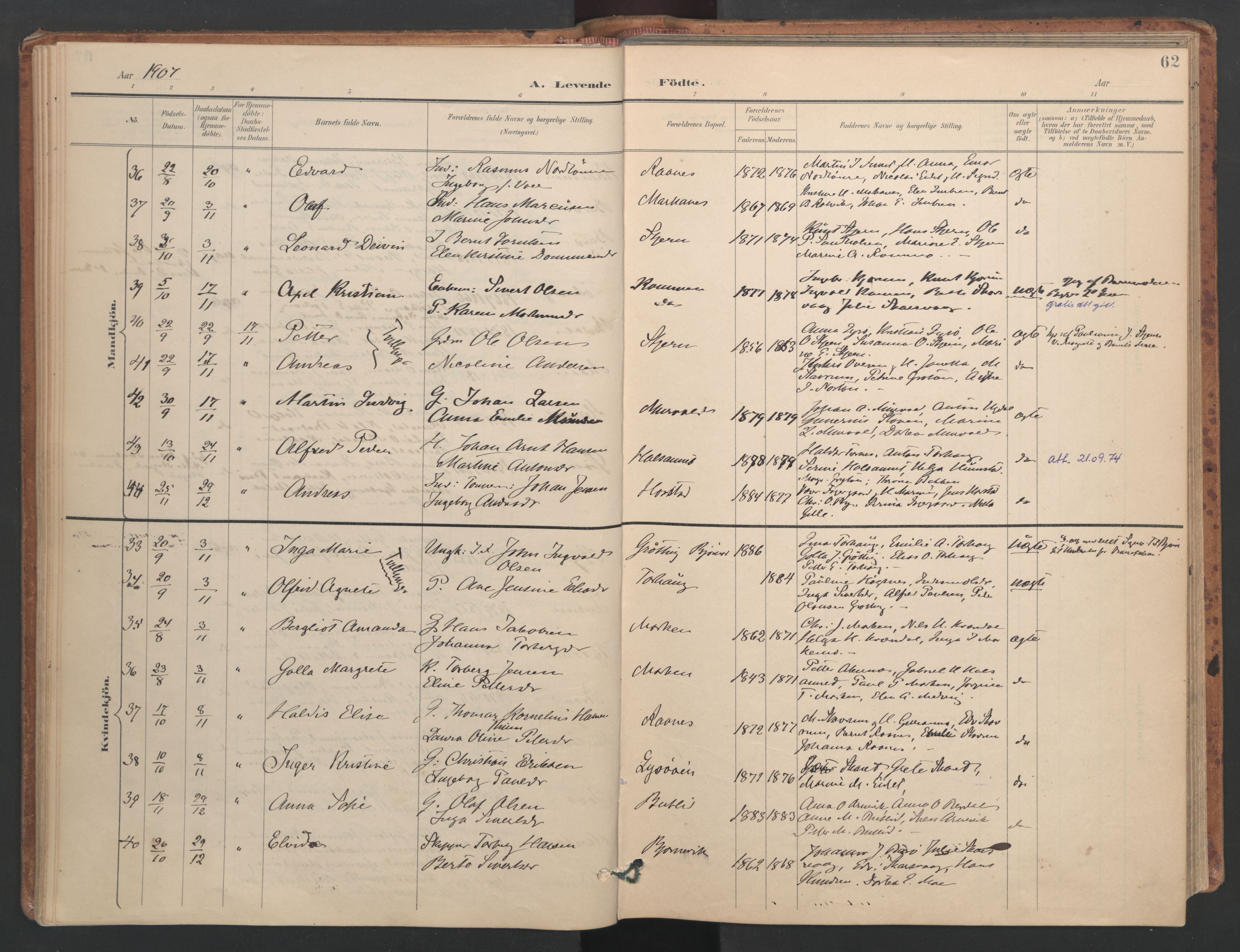 Ministerialprotokoller, klokkerbøker og fødselsregistre - Sør-Trøndelag, SAT/A-1456/655/L0681: Parish register (official) no. 655A10, 1895-1907, p. 62