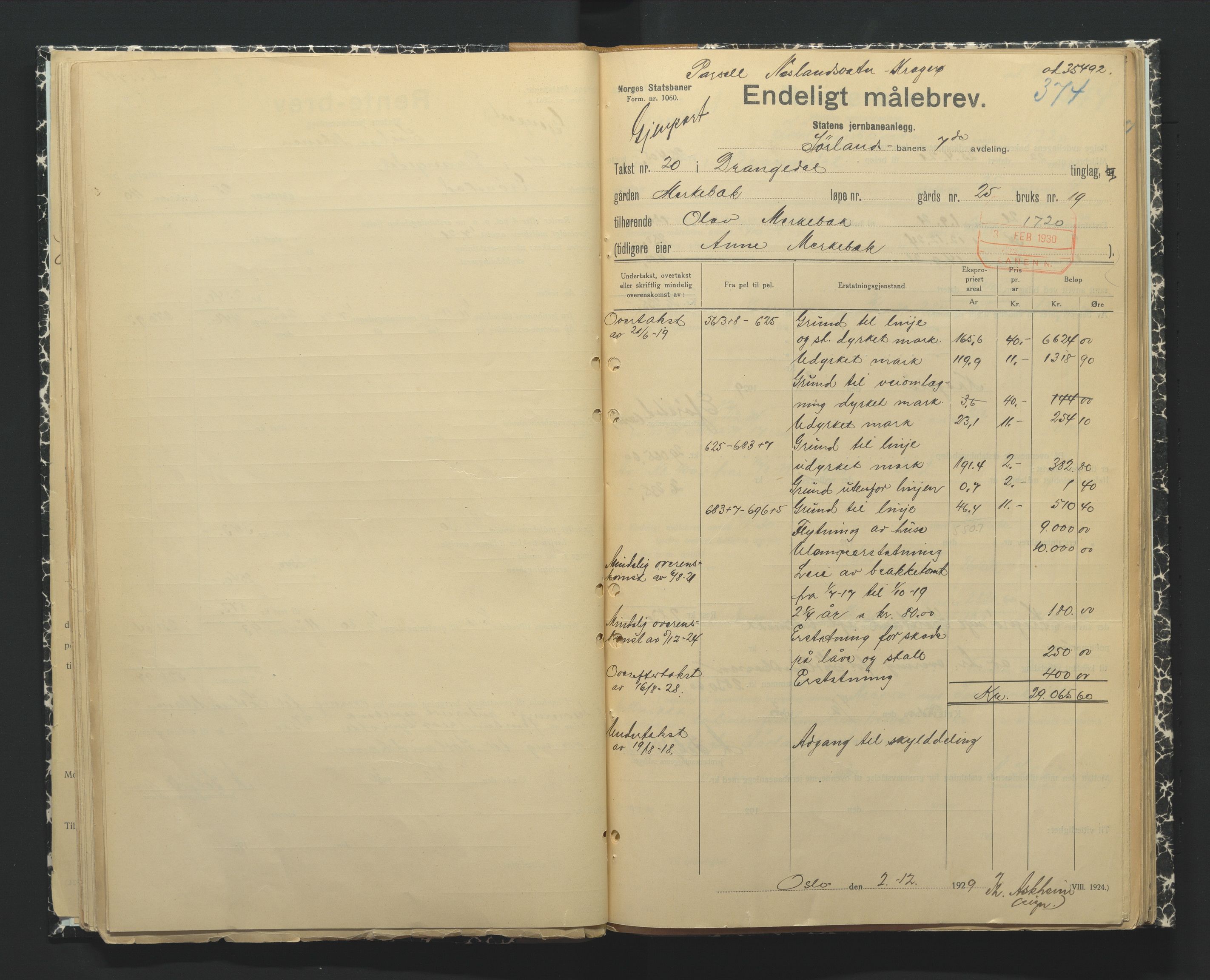 NSB Baneavdelingen, AV/SAK-1821-0004/F/Fc/Fch/L0249/0002: Grunnerstatninger, målebrev / Endelige måle- og rentebrev for Kragerølinja, 1928-1930