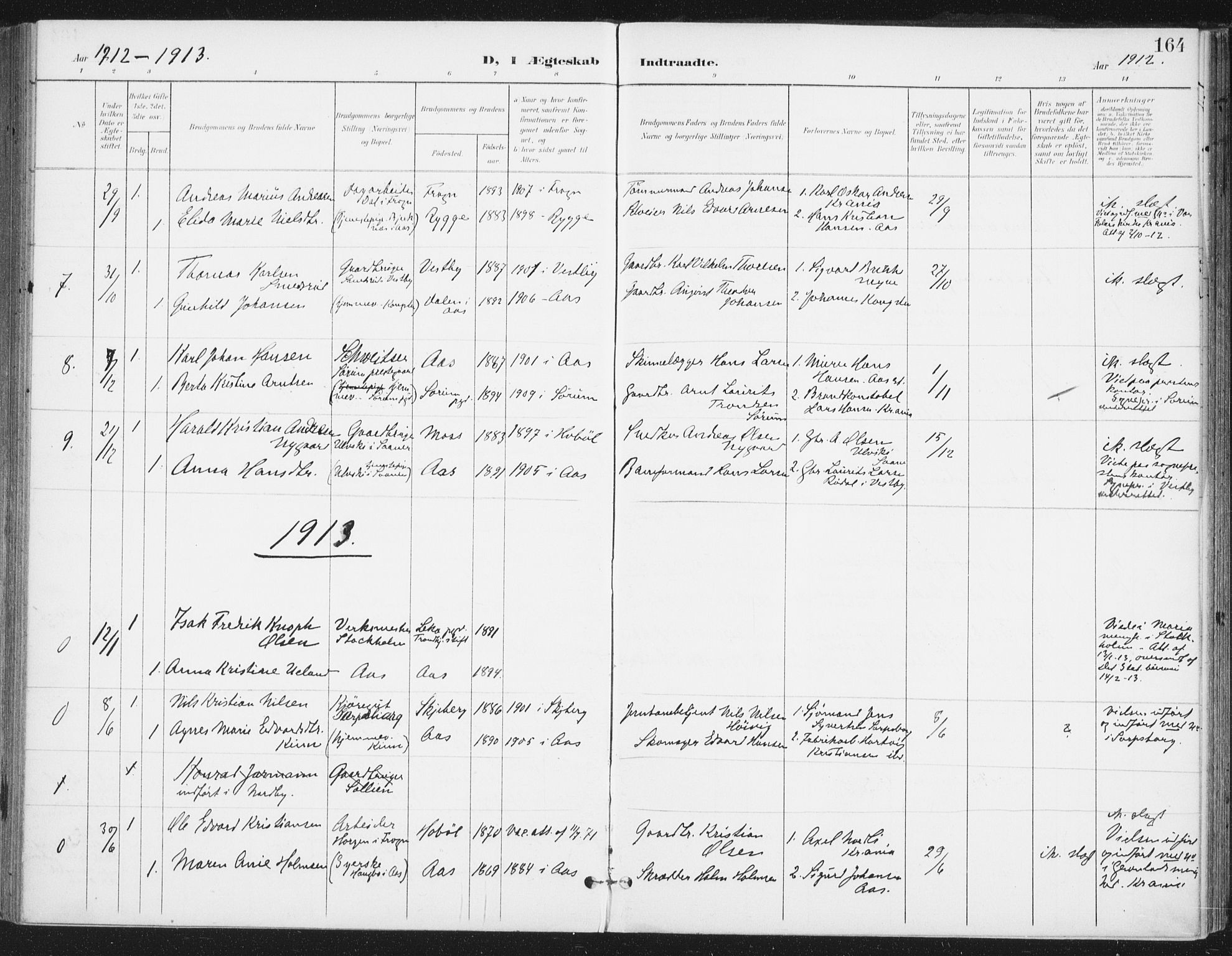 Ås prestekontor Kirkebøker, SAO/A-10894/F/Fa/L0010: Parish register (official) no. I 10, 1900-1918, p. 164