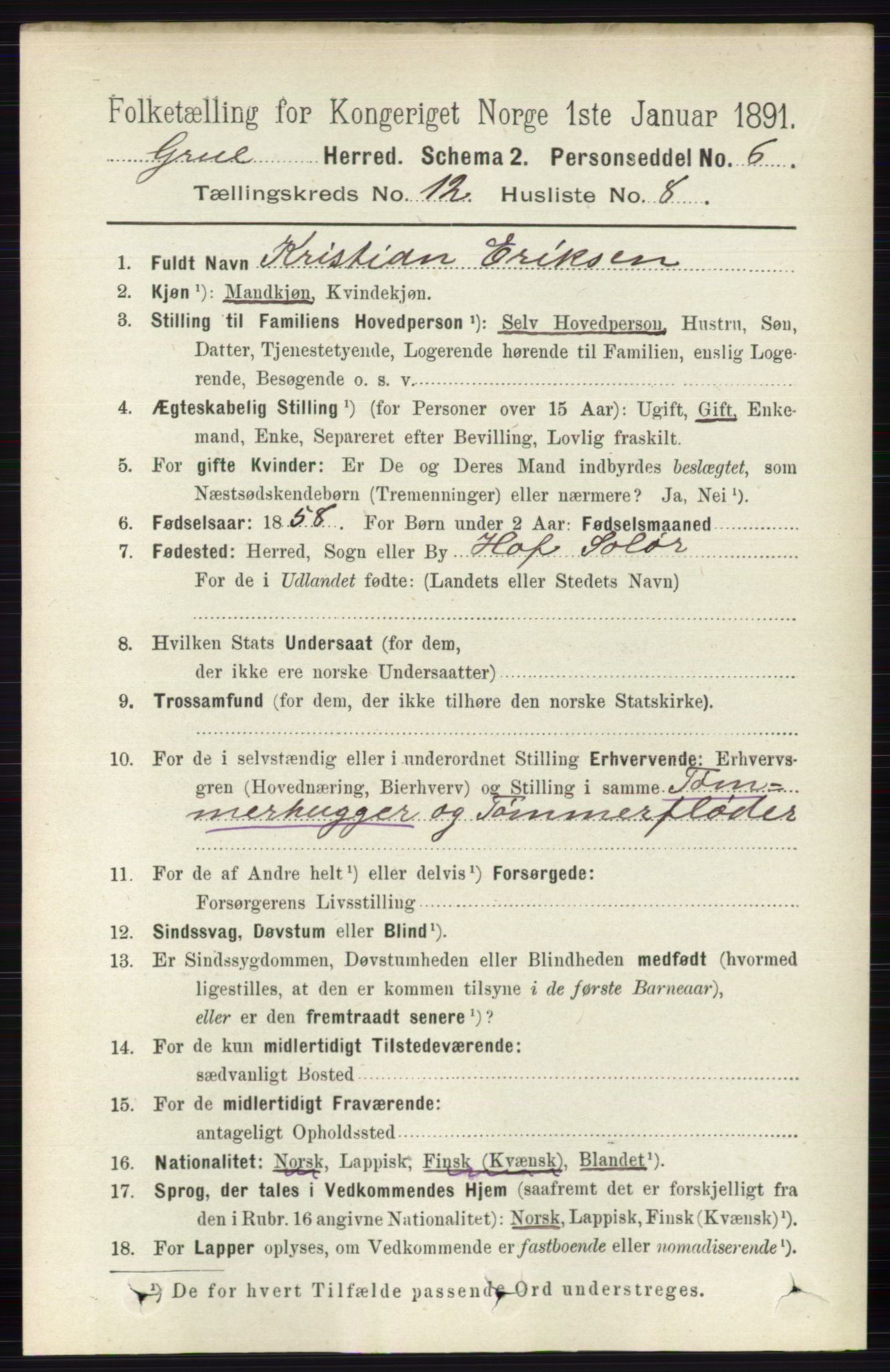 RA, 1891 census for 0423 Grue, 1891, p. 6163