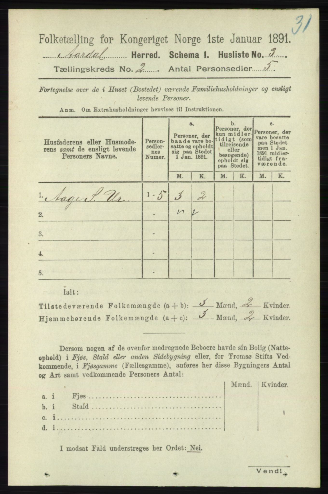 RA, 1891 census for 1131 Årdal, 1891, p. 531