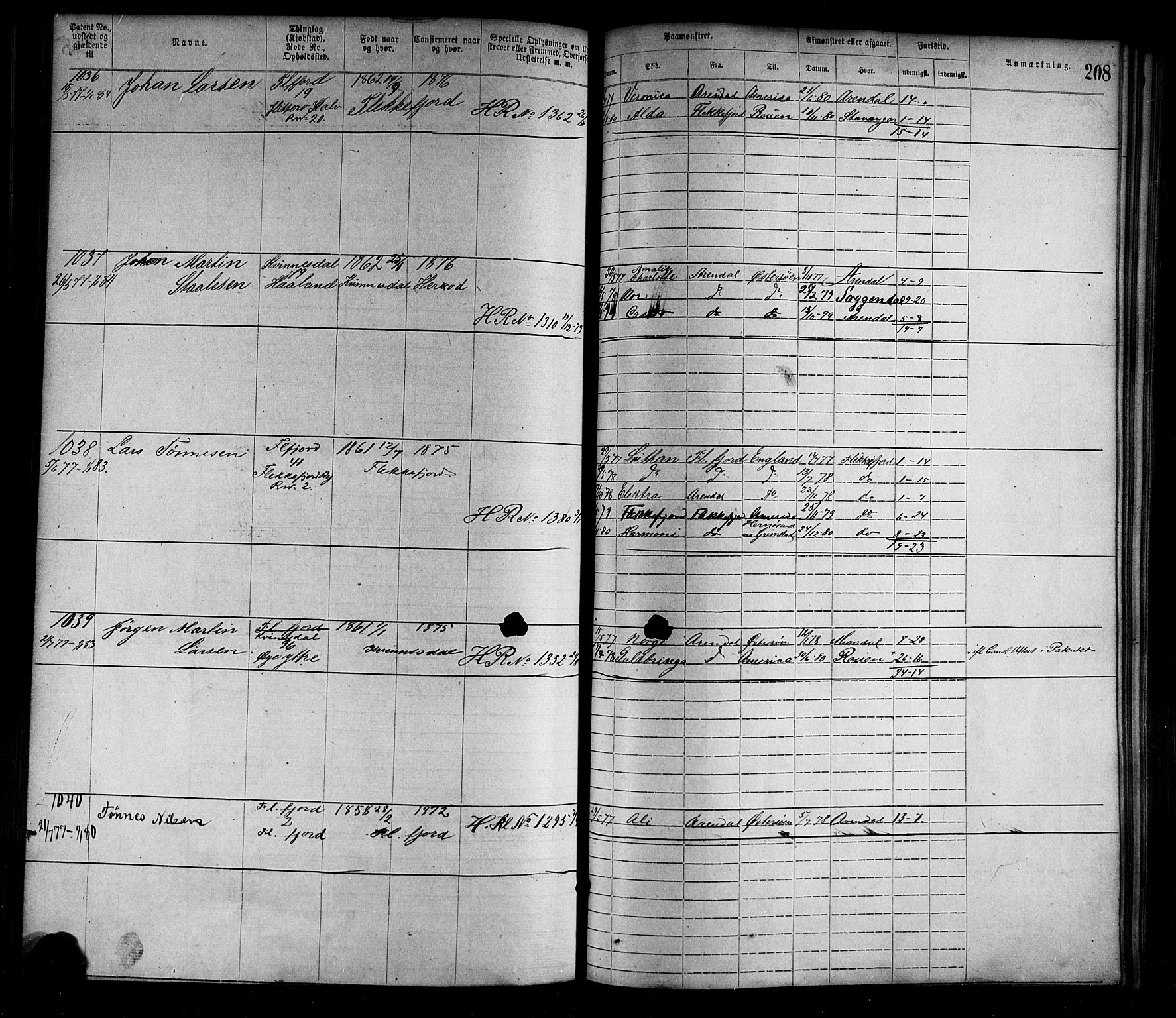 Flekkefjord mønstringskrets, SAK/2031-0018/F/Fa/L0002: Annotasjonsrulle nr 1-1920 med register, N-2, 1870-1891, p. 233