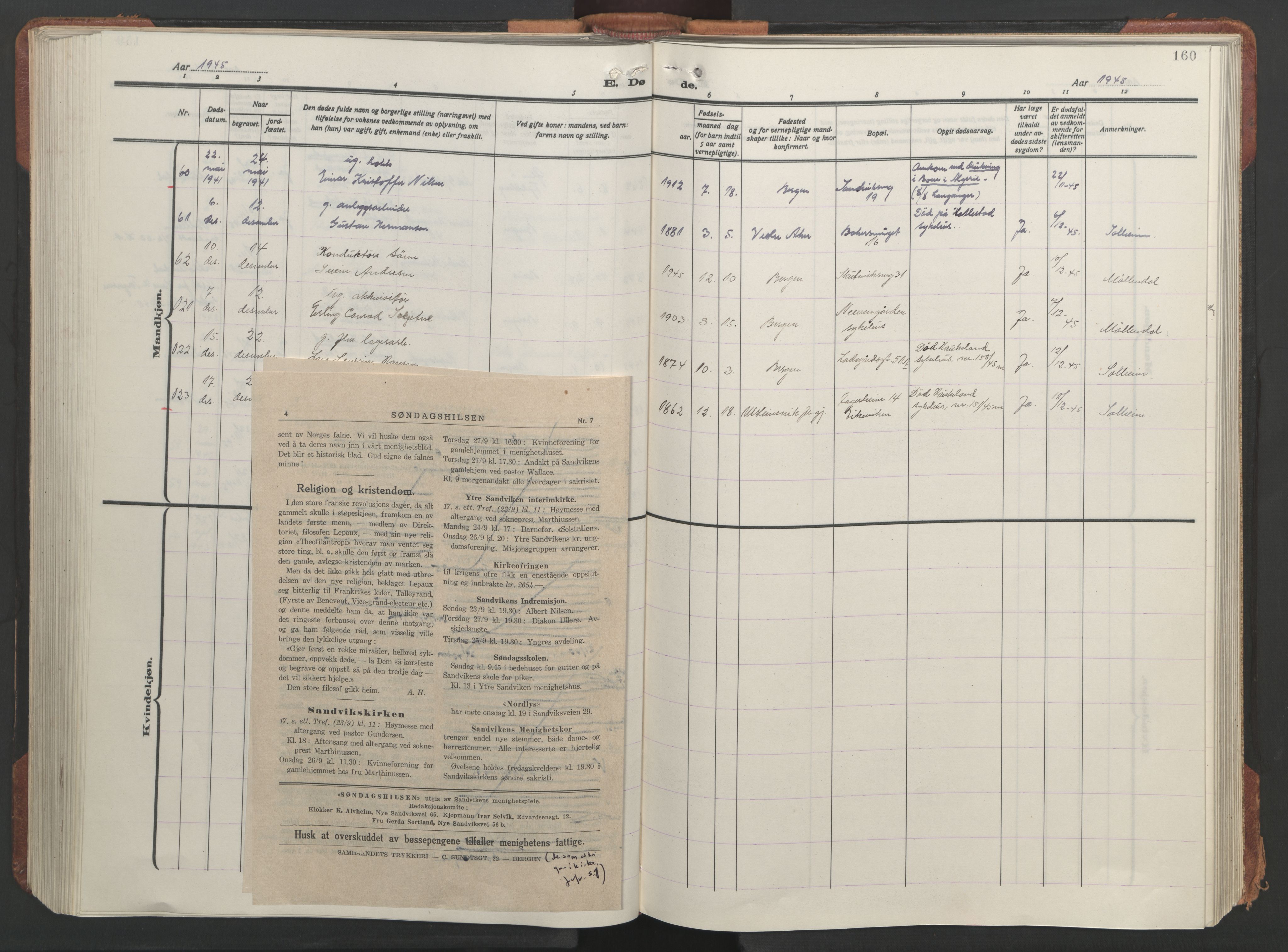 Sandviken Sokneprestembete, AV/SAB-A-77601/H/Hb/L0018: Parish register (copy) no. E 2, 1926-1962, p. 159b-160a