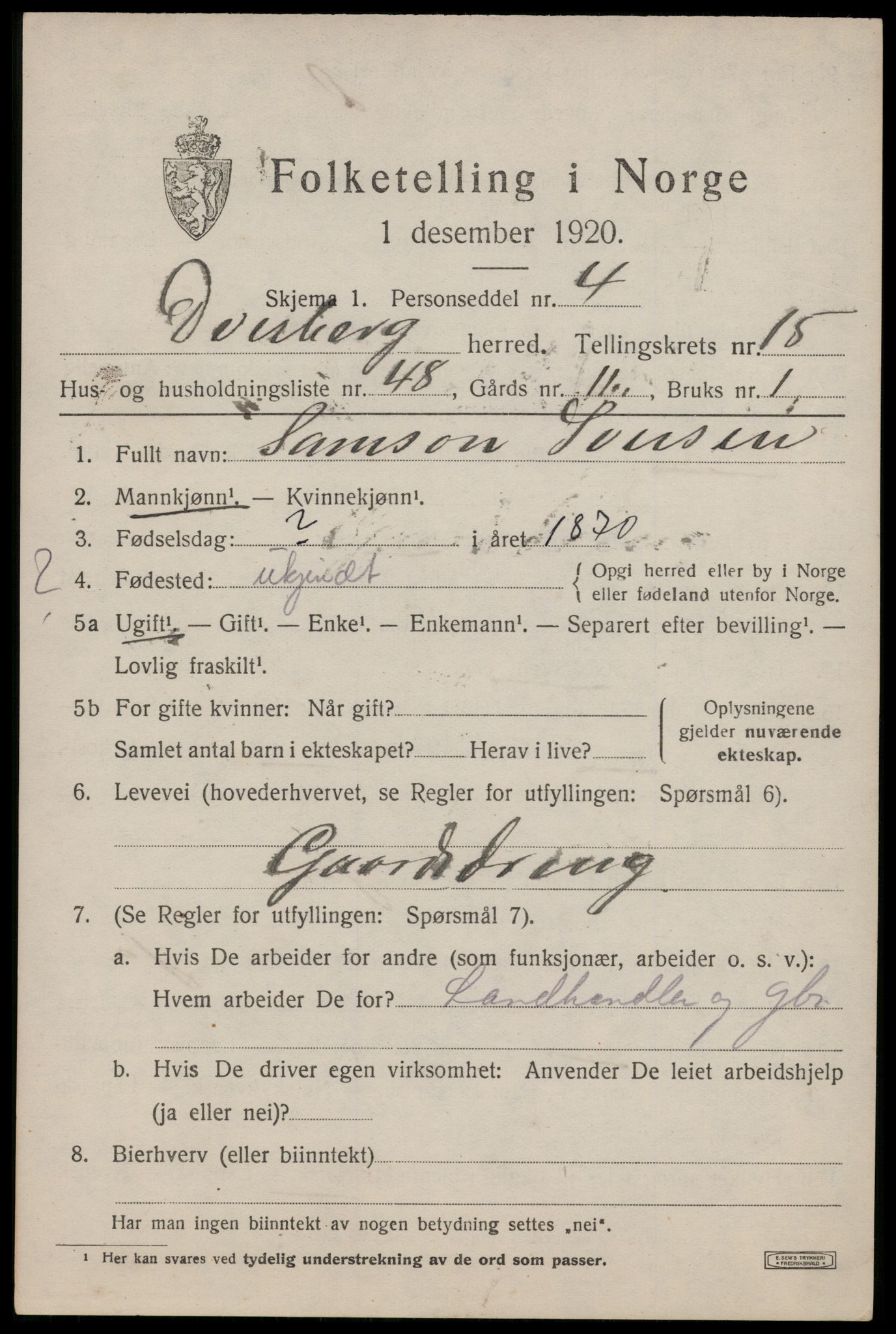 SAT, 1920 census for Dverberg, 1920, p. 11538