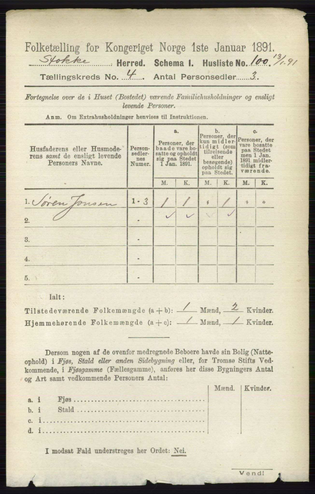 RA, 1891 census for 0720 Stokke, 1891, p. 2439