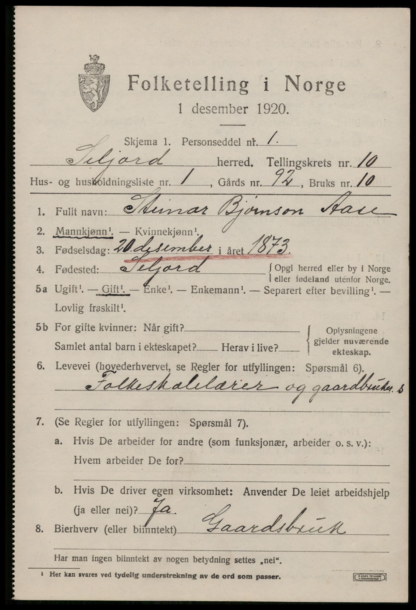 SAKO, 1920 census for Seljord, 1920, p. 4778