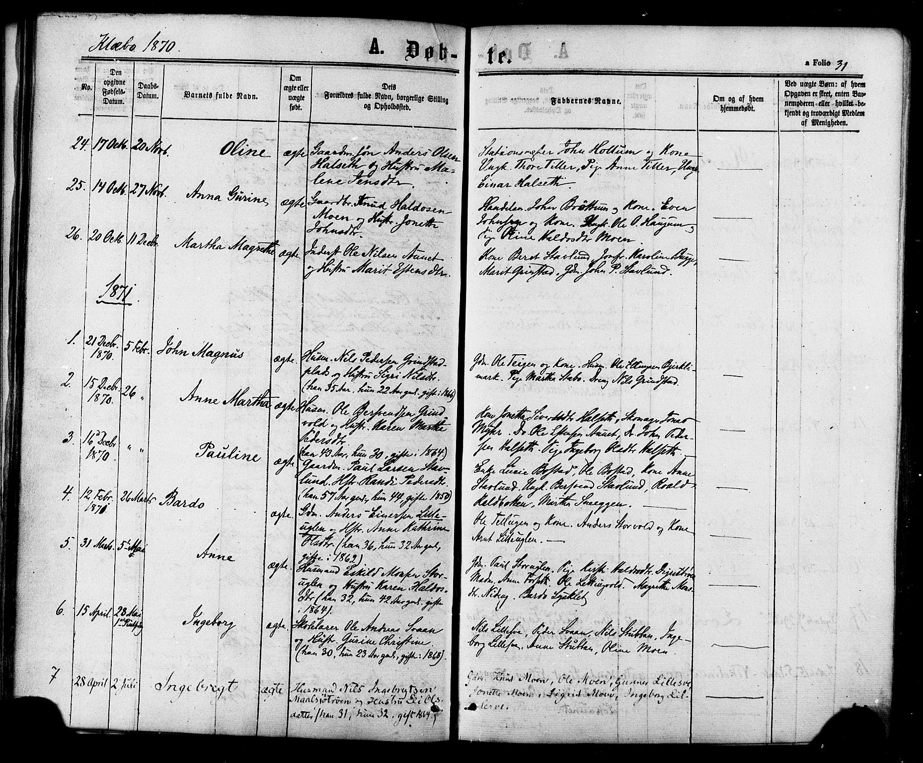 Ministerialprotokoller, klokkerbøker og fødselsregistre - Sør-Trøndelag, SAT/A-1456/618/L0442: Parish register (official) no. 618A06 /1, 1863-1879, p. 31