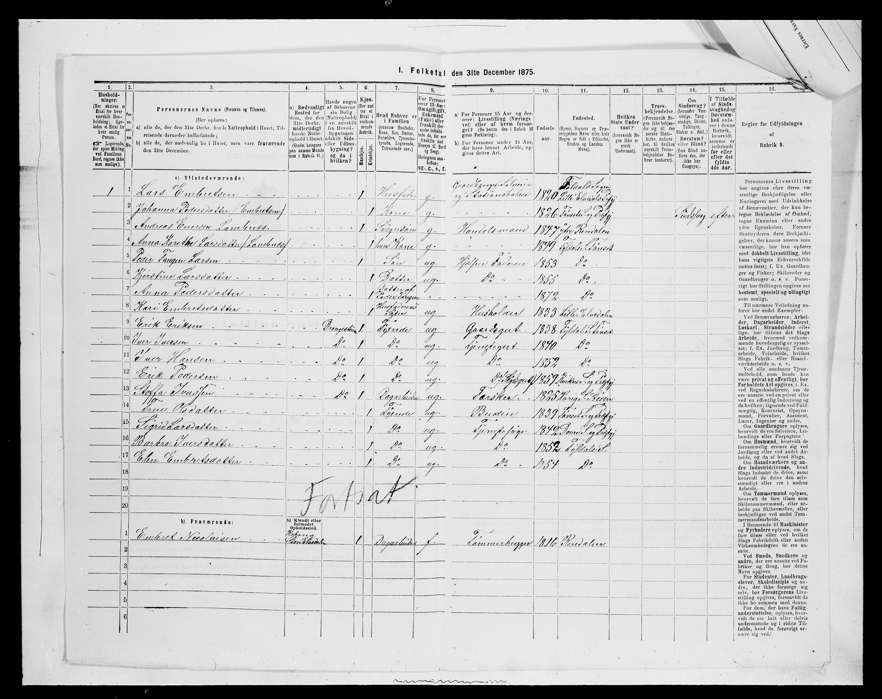 SAH, 1875 census for 0437P Tynset, 1875, p. 302