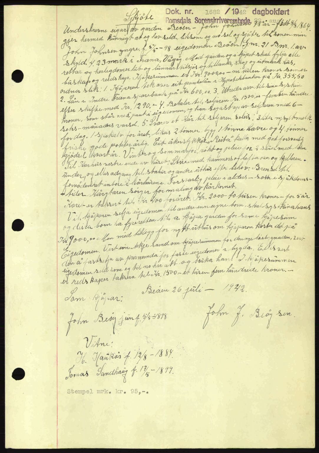 Romsdal sorenskriveri, AV/SAT-A-4149/1/2/2C: Mortgage book no. A12, 1942-1942, Diary no: : 1682/1942