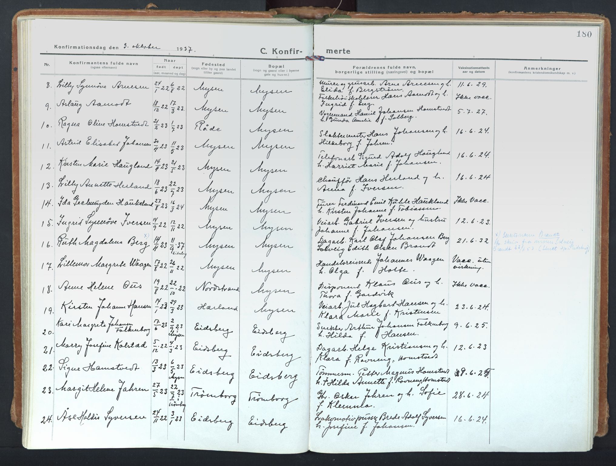 Eidsberg prestekontor Kirkebøker, AV/SAO-A-10905/F/Fd/L0001: Parish register (official) no. IV 1, 1921-1948, p. 180